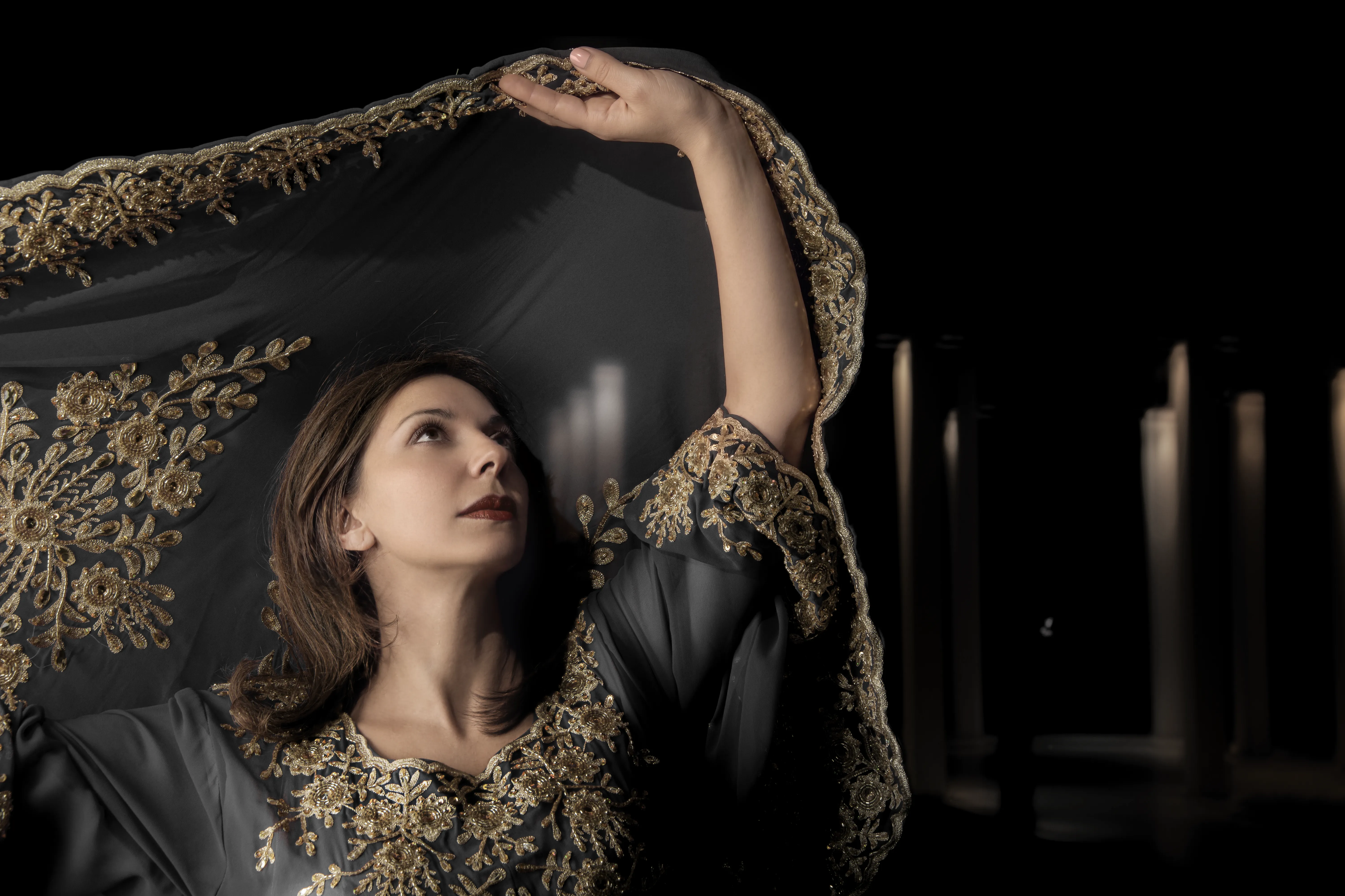 Beautiful model, in a gray and gold ornamental dress, looking up, with blurred lights in the background. 