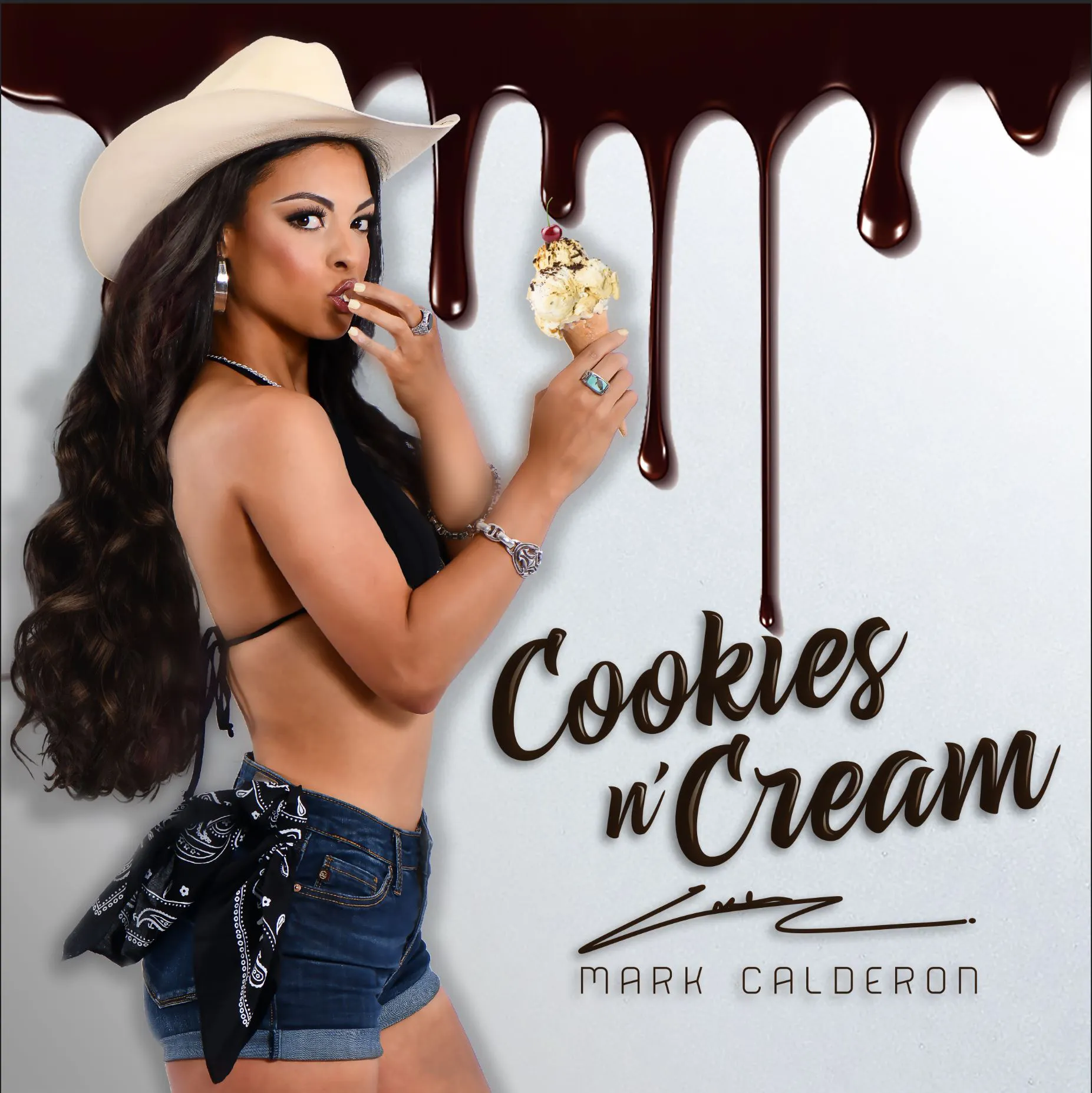An album cover, a woman in a cowboy hat heating ice cream. 
