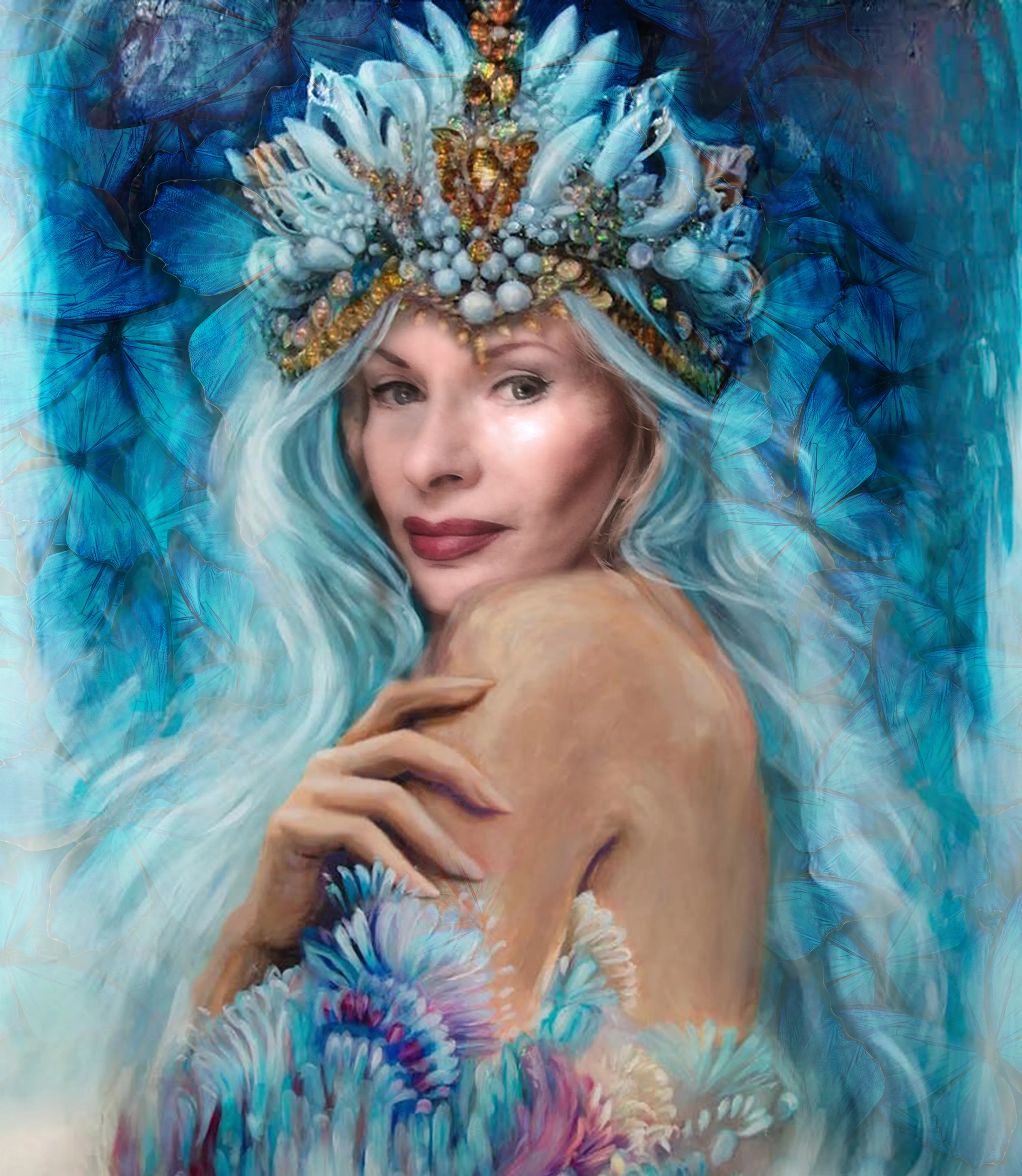 Custom birthday artwork of an elegant woman in a painting, wearing a blue and gold crown, with blue hair and a blue background. Themed after the ocean.