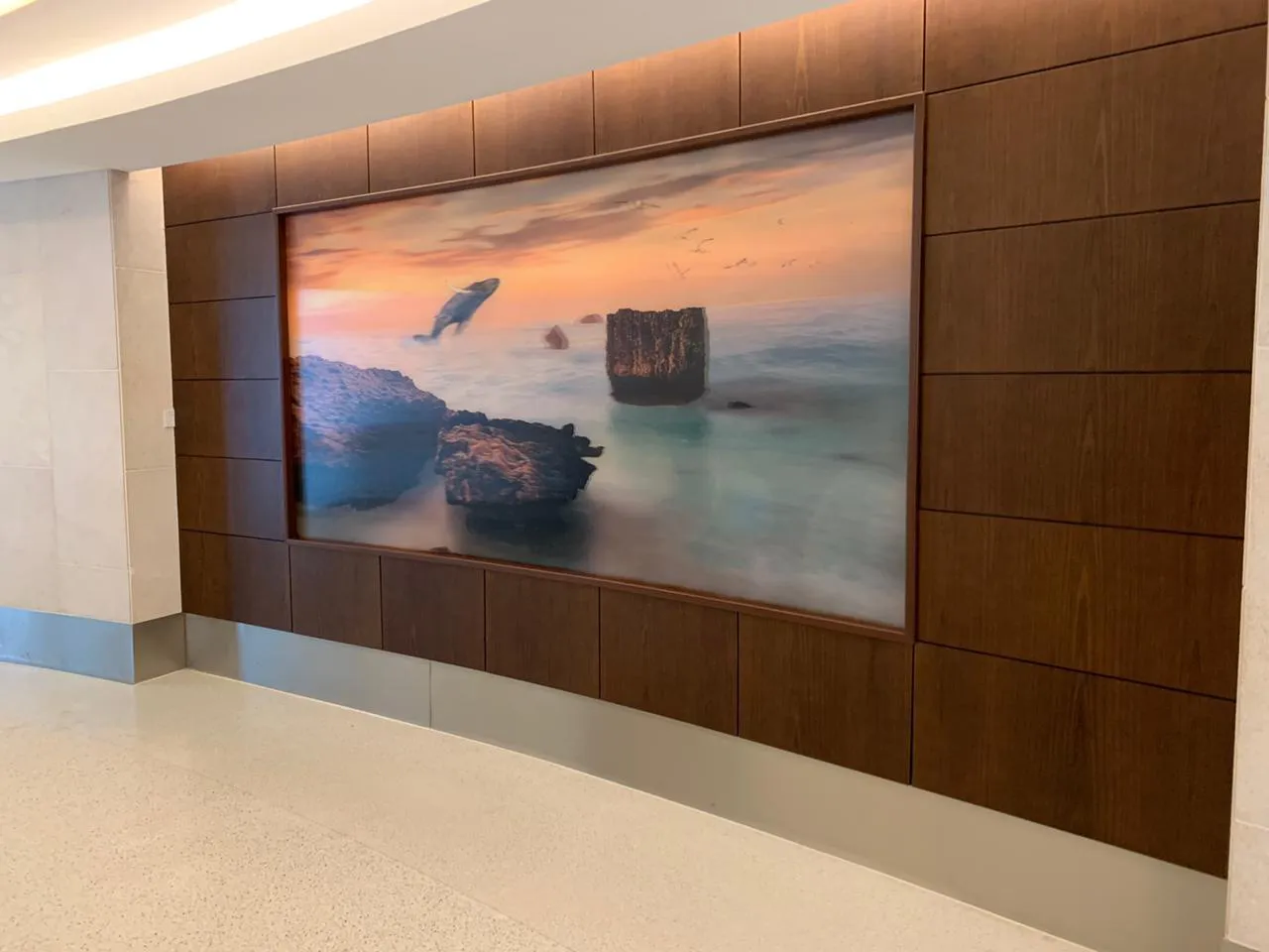 Lenticular interactive artwork, installed on a curved wall in a business building hall. The artwork is part of an environmental awareness art project to support endangered animal species. The artwork features sea whales. 