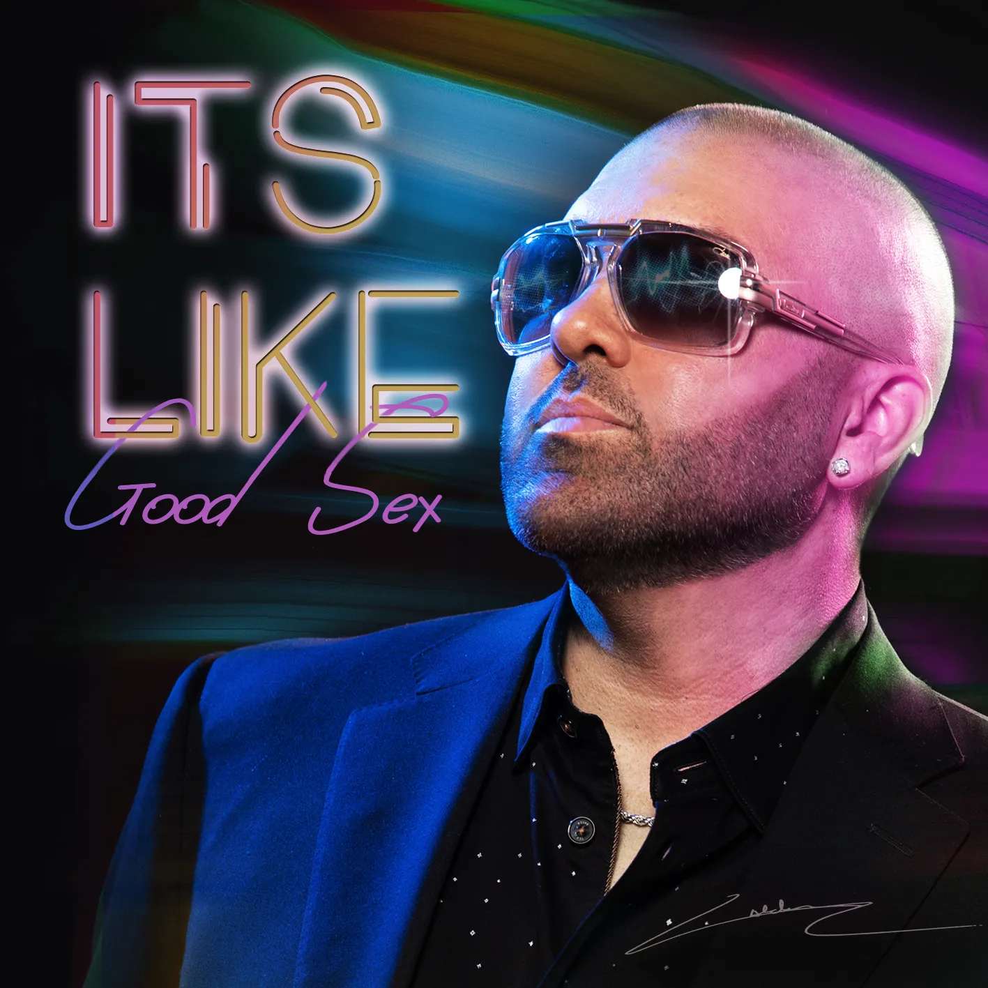 Album cover for the artist Mike. Modern multicolor background, with overcast purple light on the artist, and the album name to the left. The artist is wearing a suit and black sunglasses. 