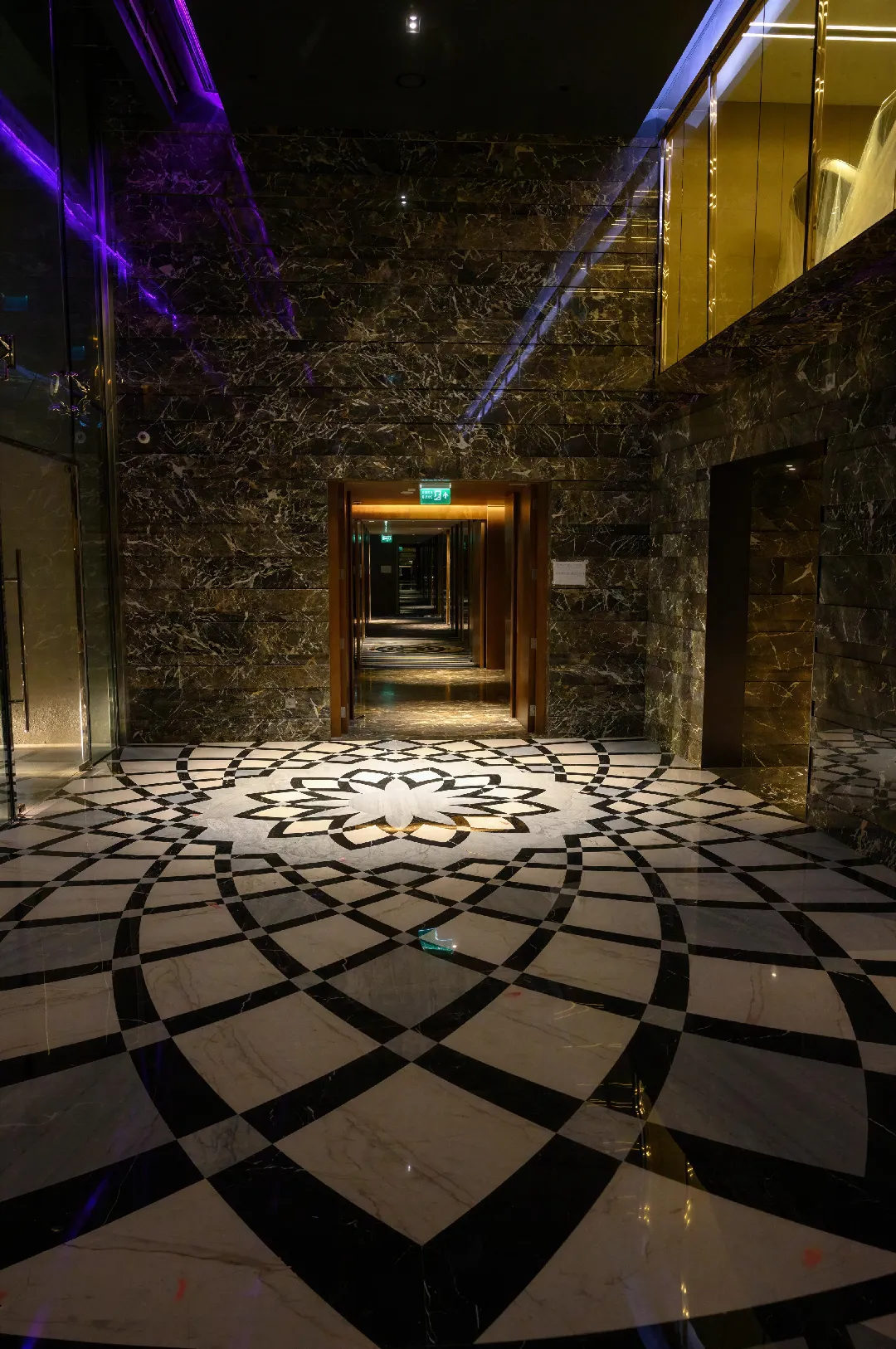 Hotel interior, highlighting custom natural stone medallion flooring, in black, white, and gray. Polished black marble and glass walls, and morphing RGB light.