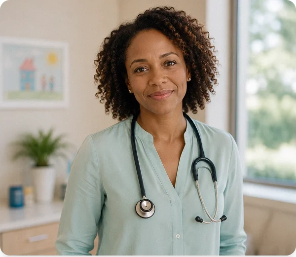 A doctor with an estetoscope looking directly to the camera