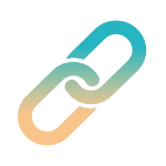 Two interlocking chain links in gradient teal and peach colors on white background.