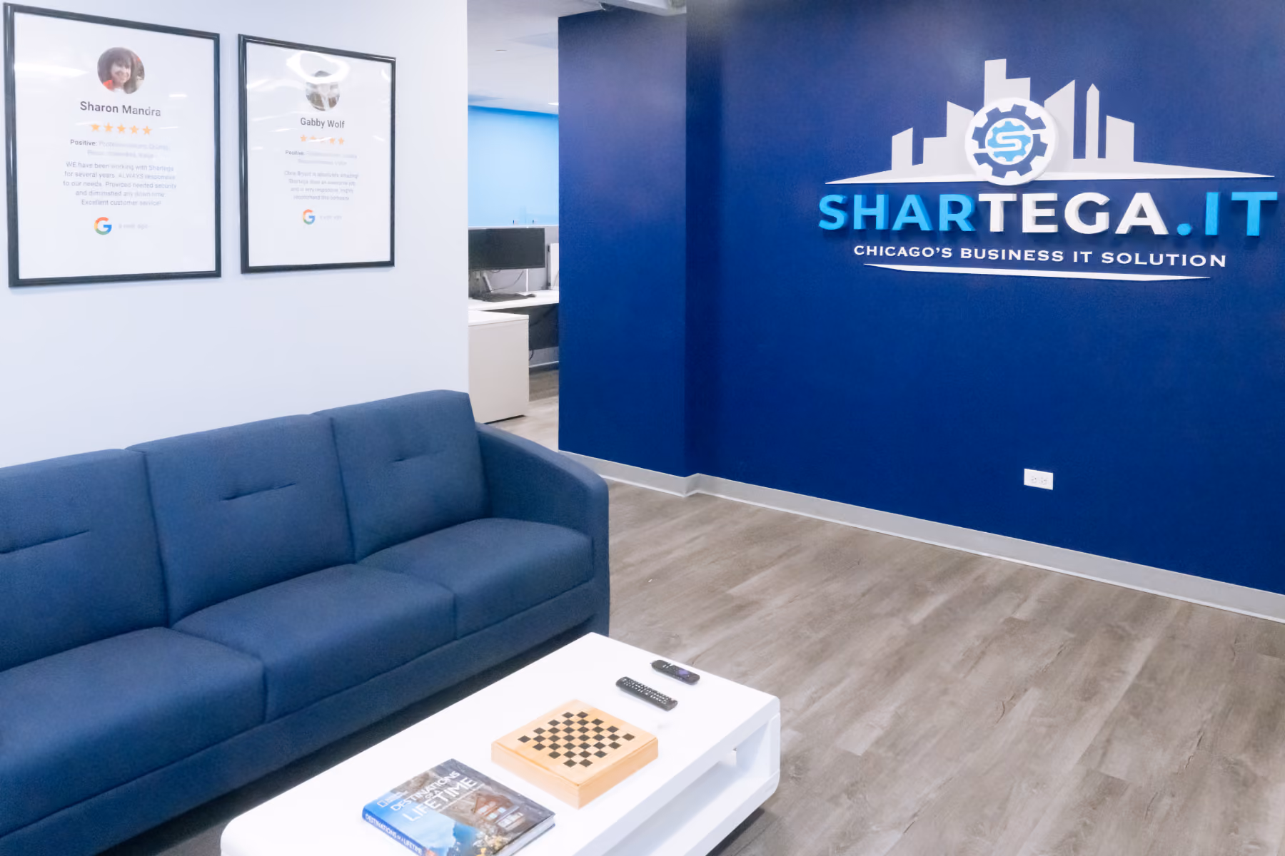 The Shartega IT office lounge with company branding