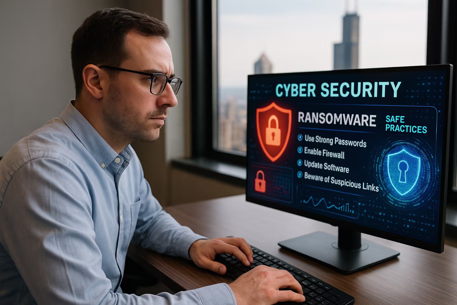 Chicago office worker preventing ransomware