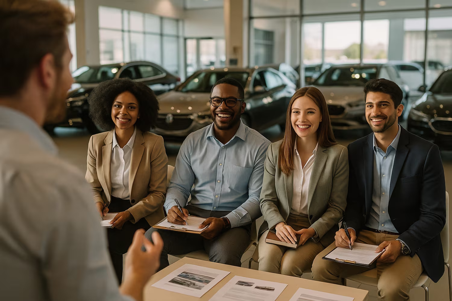 Diverse new employees during auto dealership onboarding