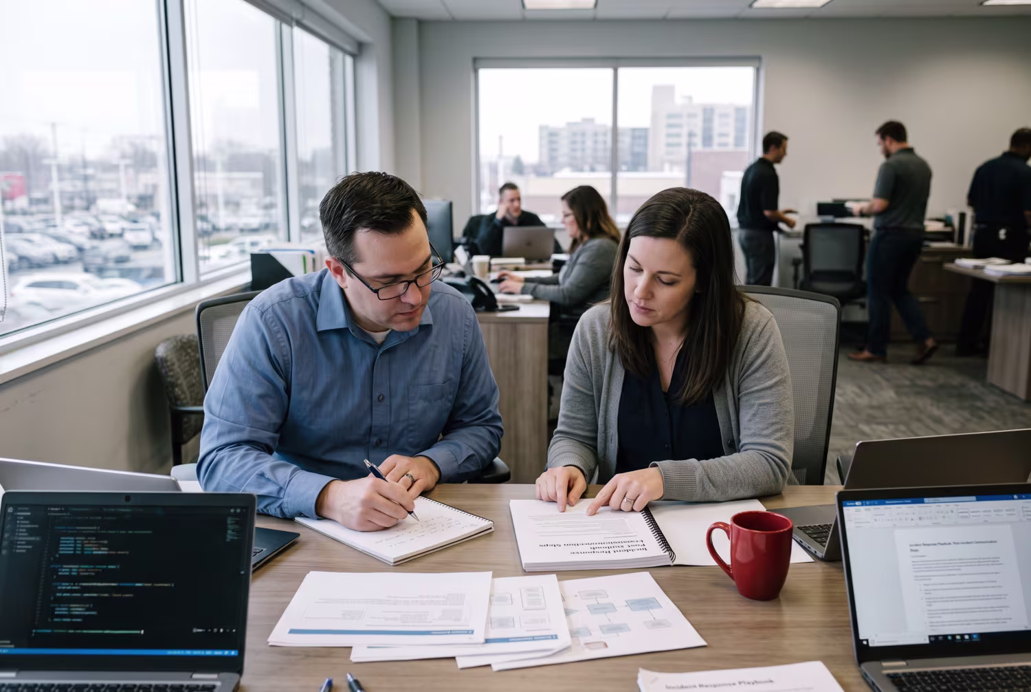 Two IT professionals reviewing incident response plan in dealership office