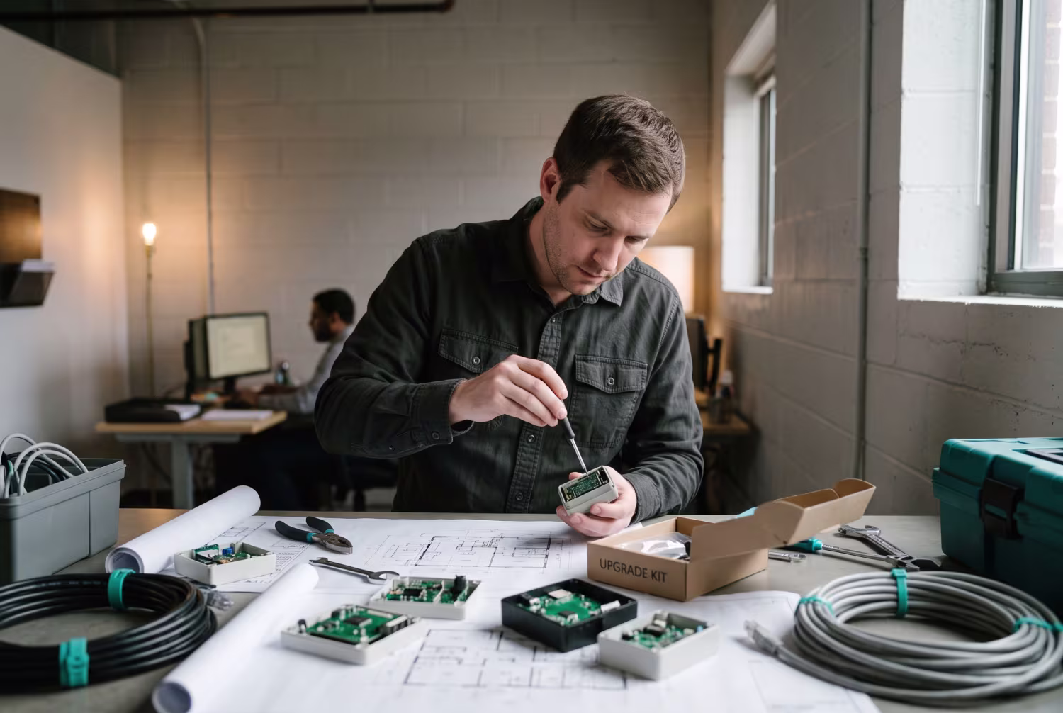IT consultant examining smart sensor amid IoT devices in cluttered workspace