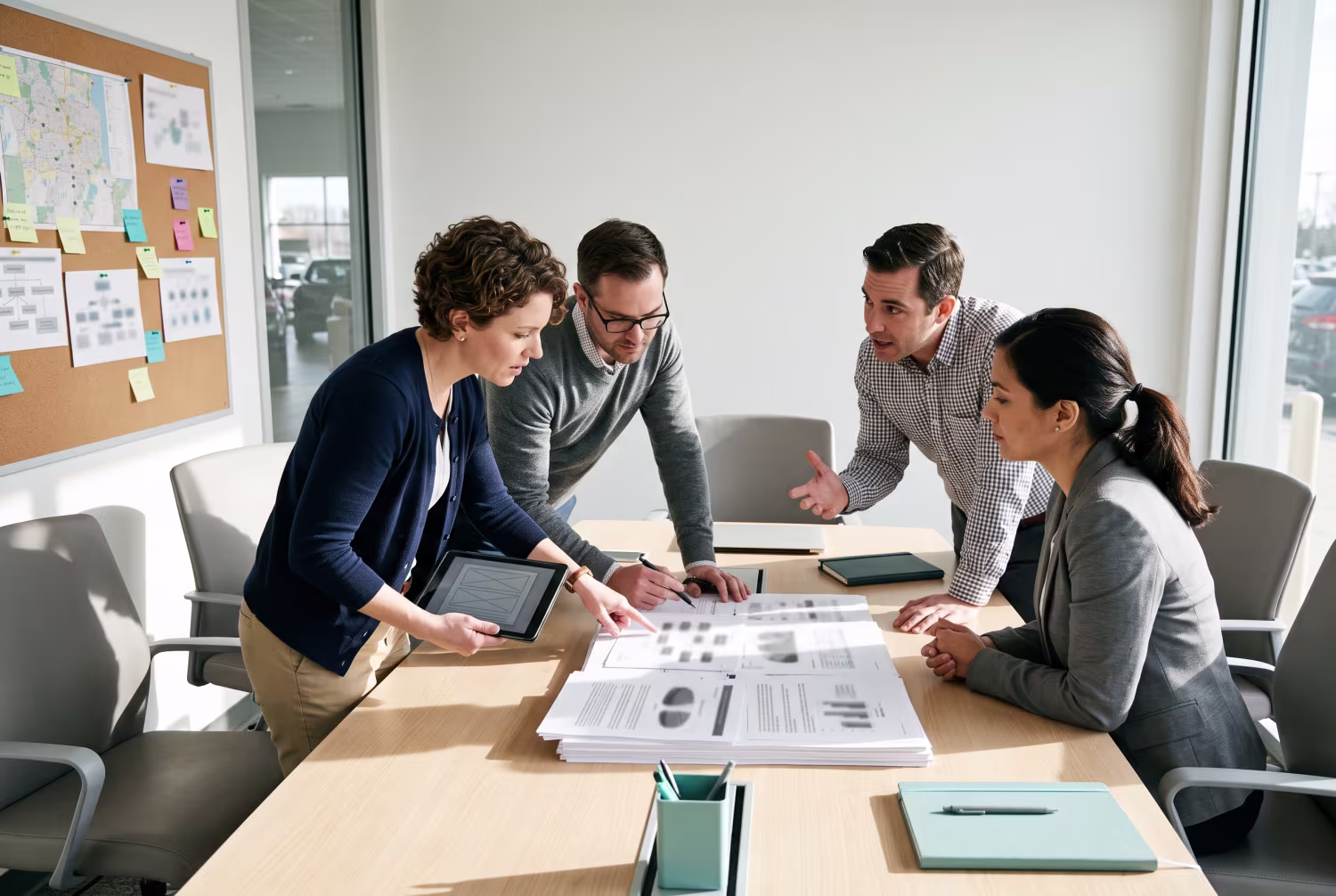 IT consultants reviewing IoT security upgrade proposals at dealership