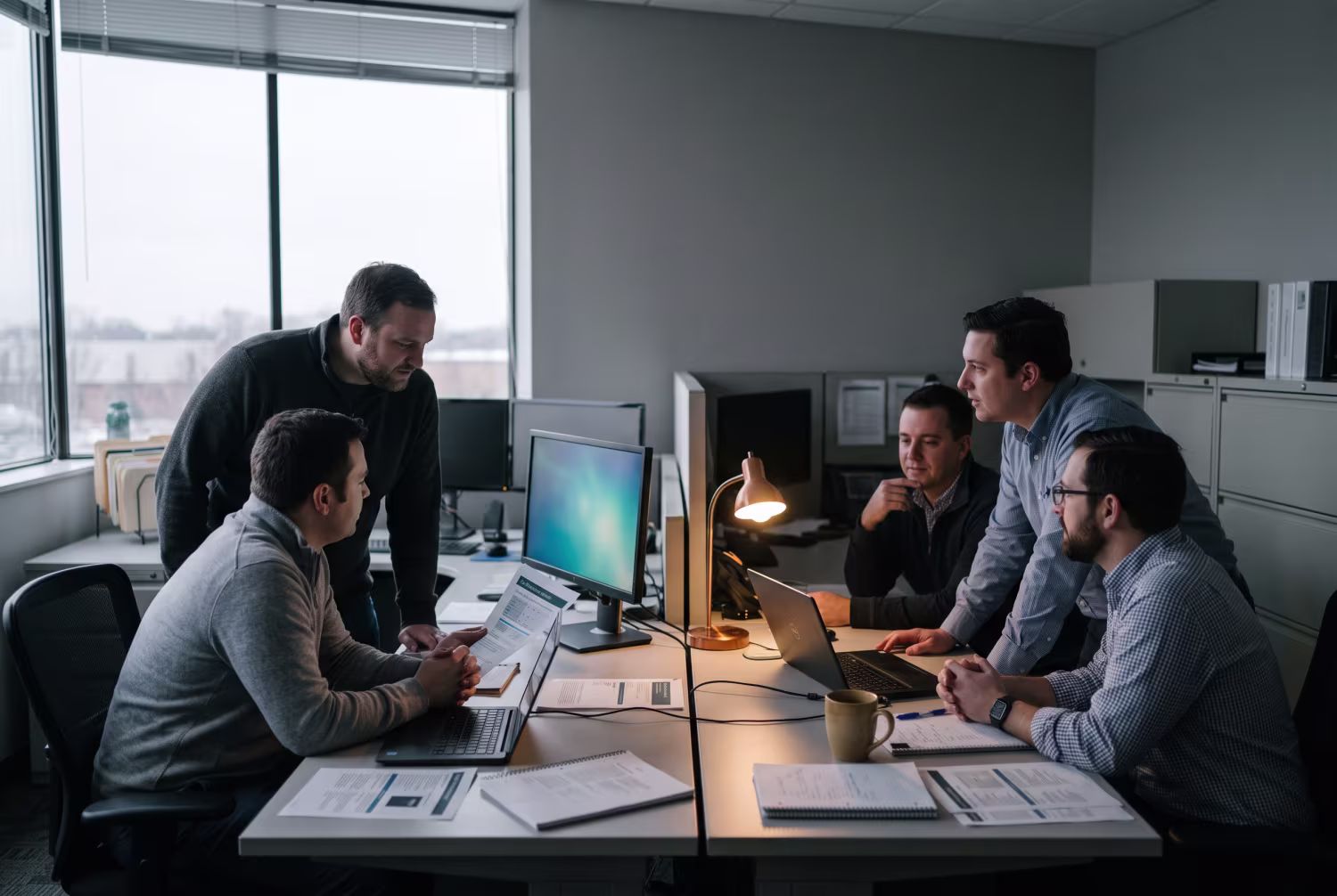 IT support staff collaborating around cluttered desks in a dimly-lit office
