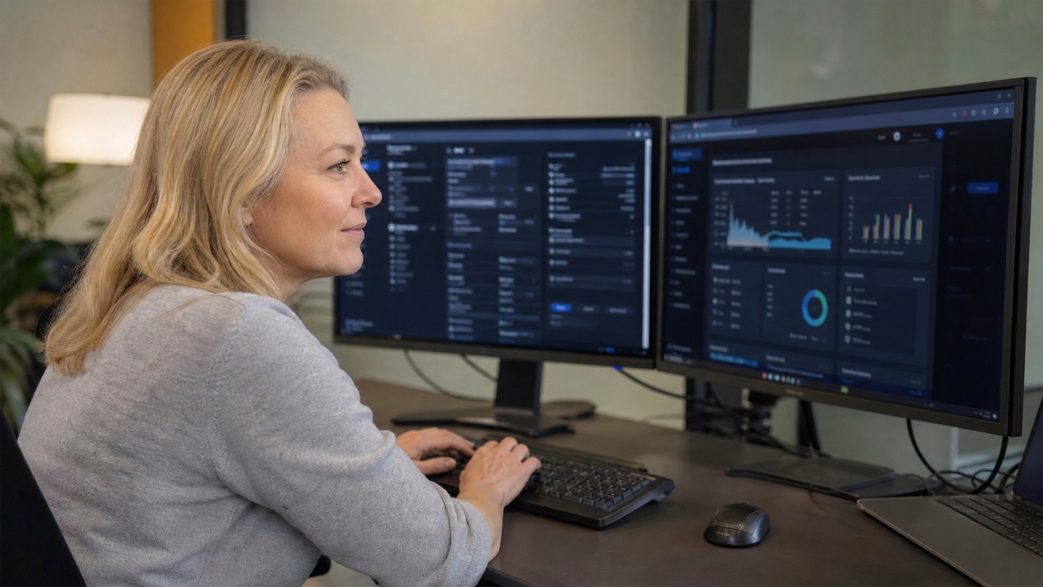 Woman at dual monitors with onboarding software dashboards