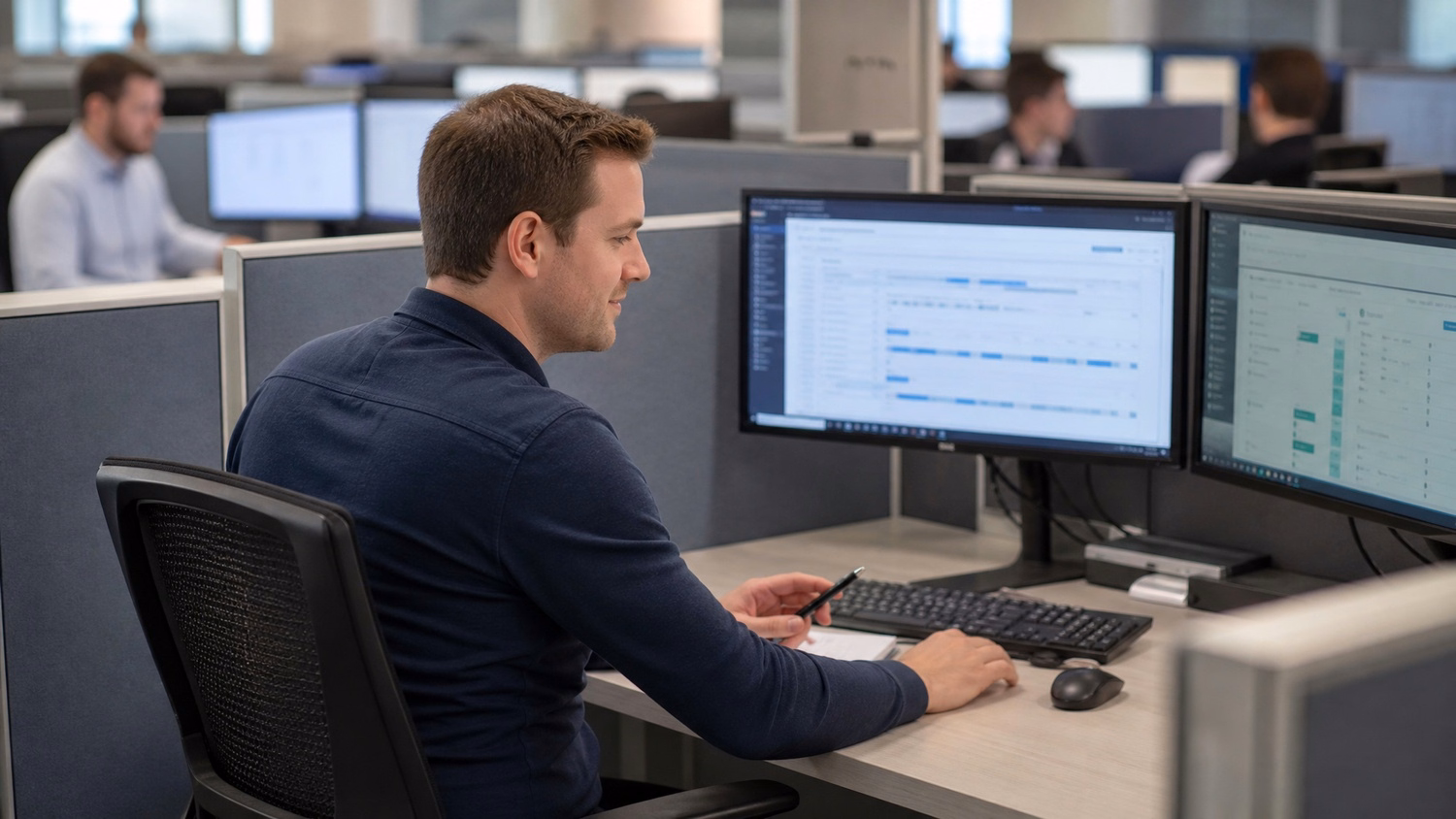 Employee reviews digital onboarding plan in cubicle 57 chars