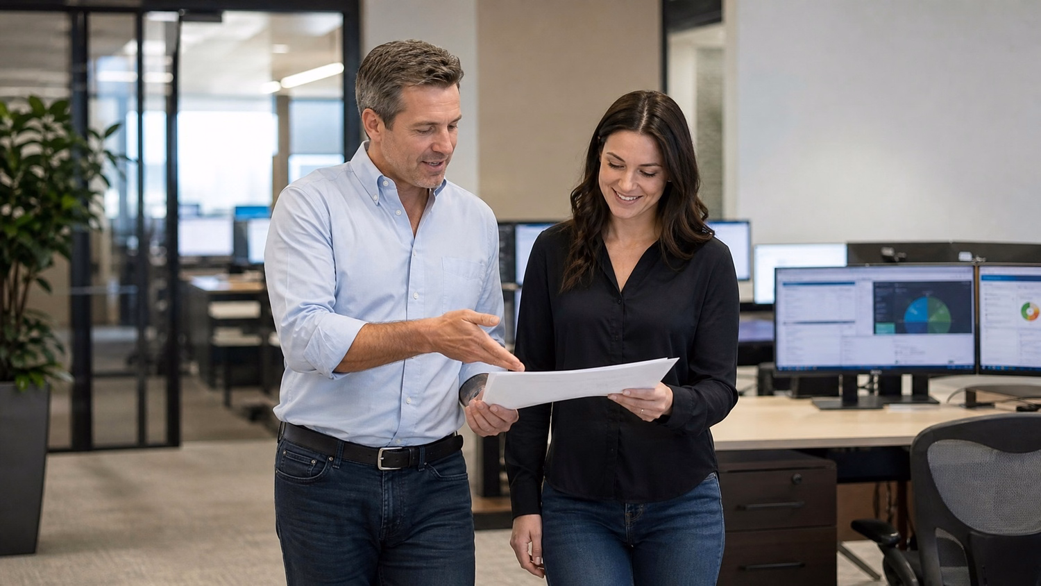 Man and woman discuss onboarding document during office walk