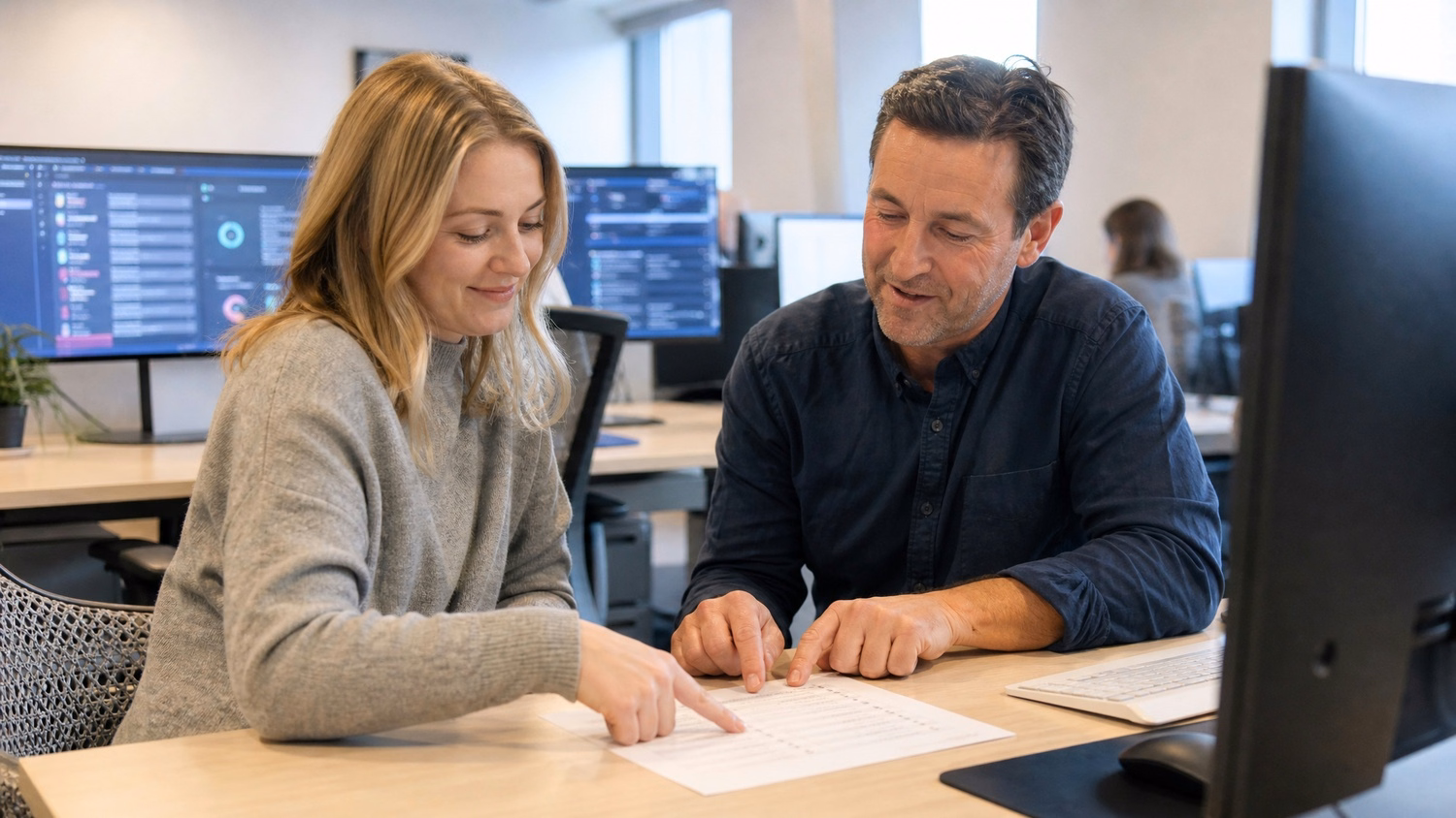 New hires review onboarding checklist with HR manager