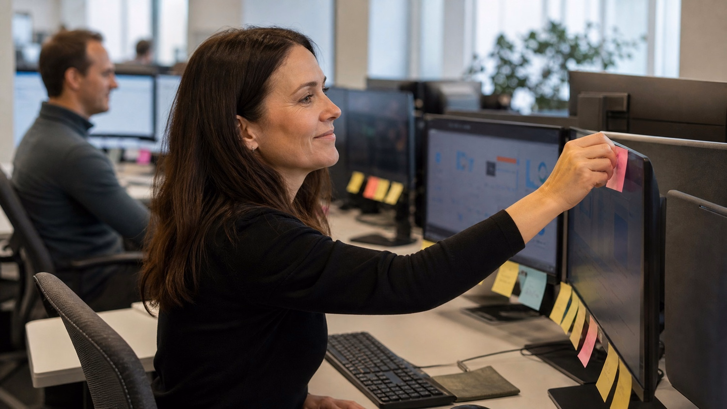 Woman adds sticky note to cluttered monitor display
