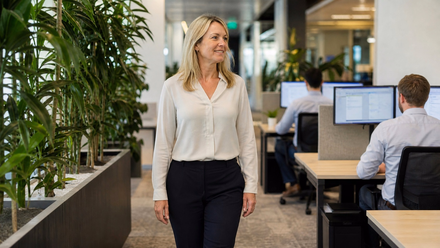 Woman walks down bright office hallway with plants 57