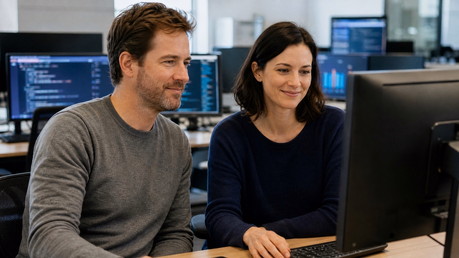 Two IT professionals reviewing ransomware dashboard on screen 70
