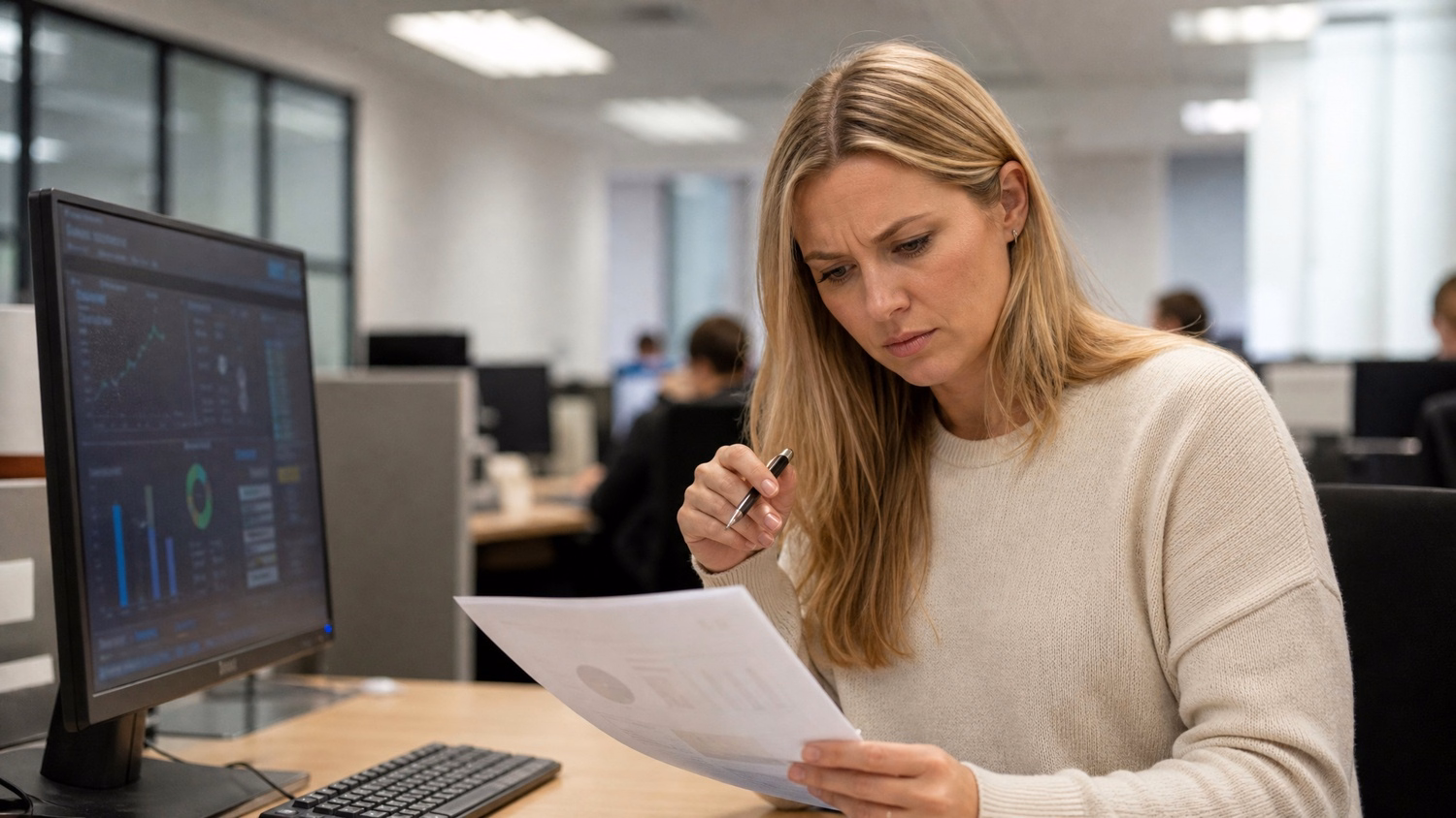 Woman reading printed report, pen in hand, focused expression 61 chars