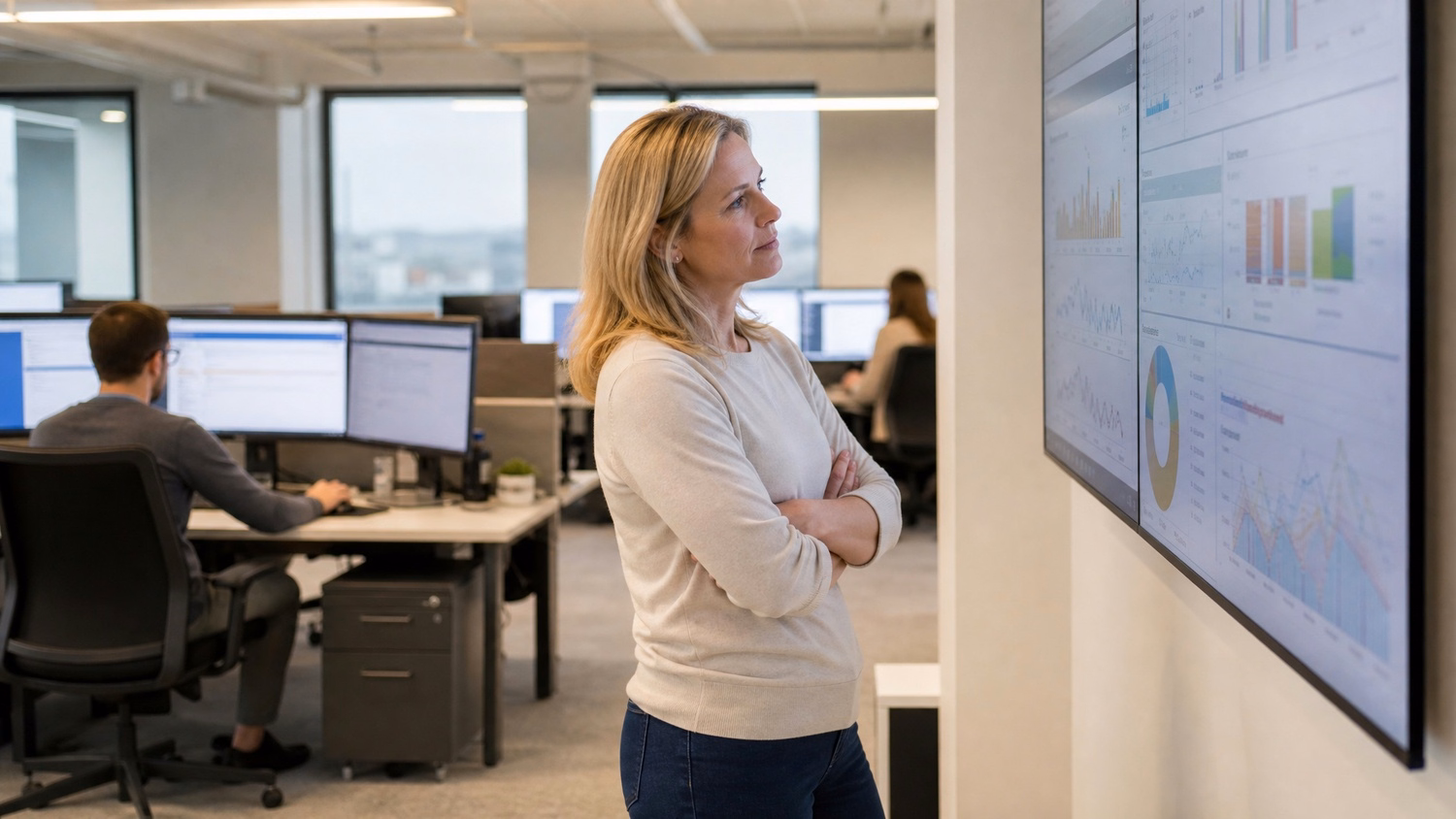 Woman studying complex charts on wall display, deep in thought 63 chars