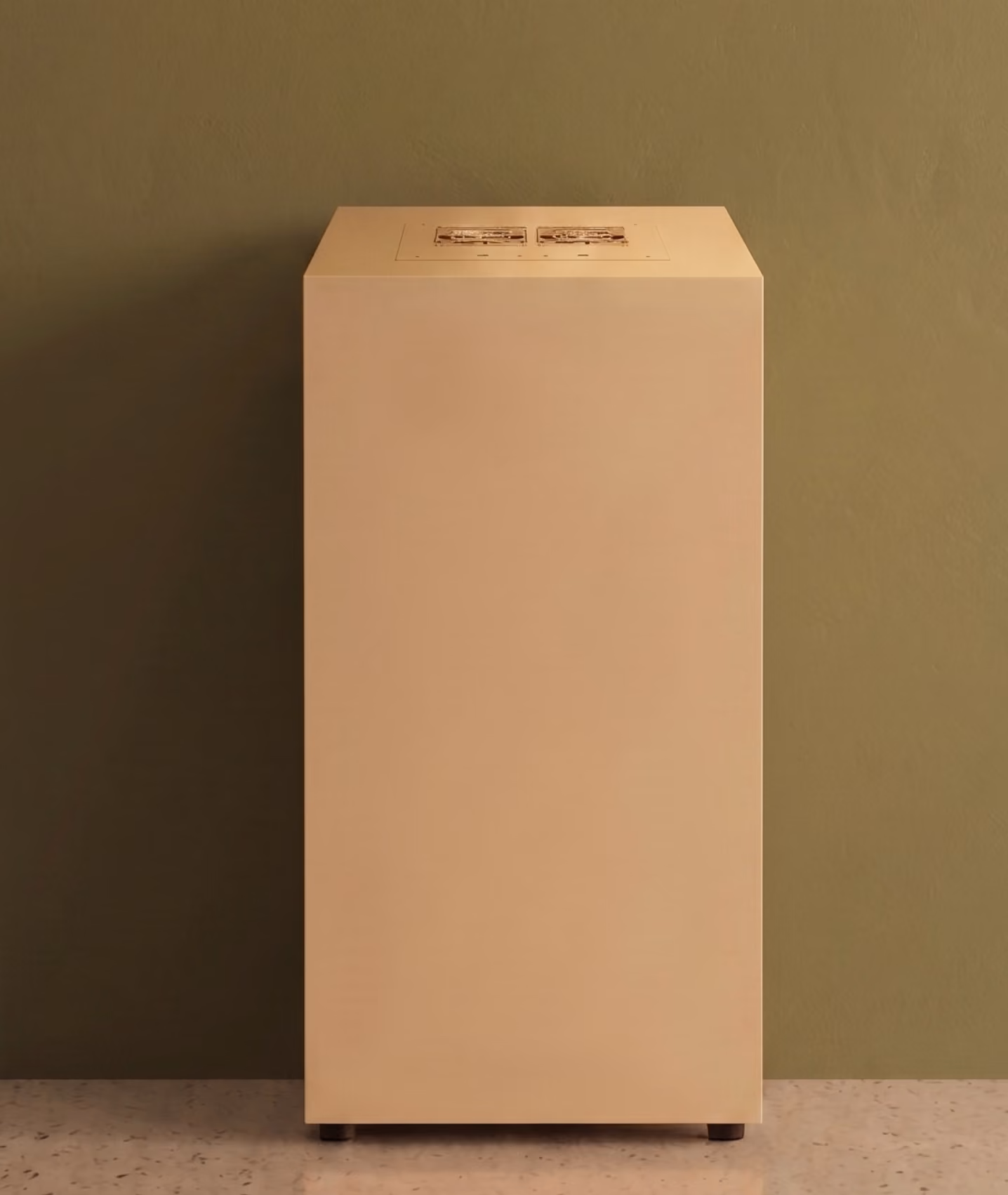 Meuble distributeur d’eau pétillante beige devant un mur vert olive
