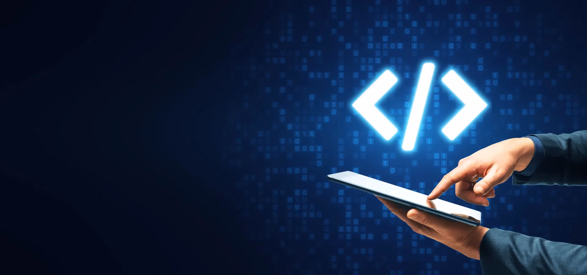 Hand using a tablet with a code symbol on a digital blue background