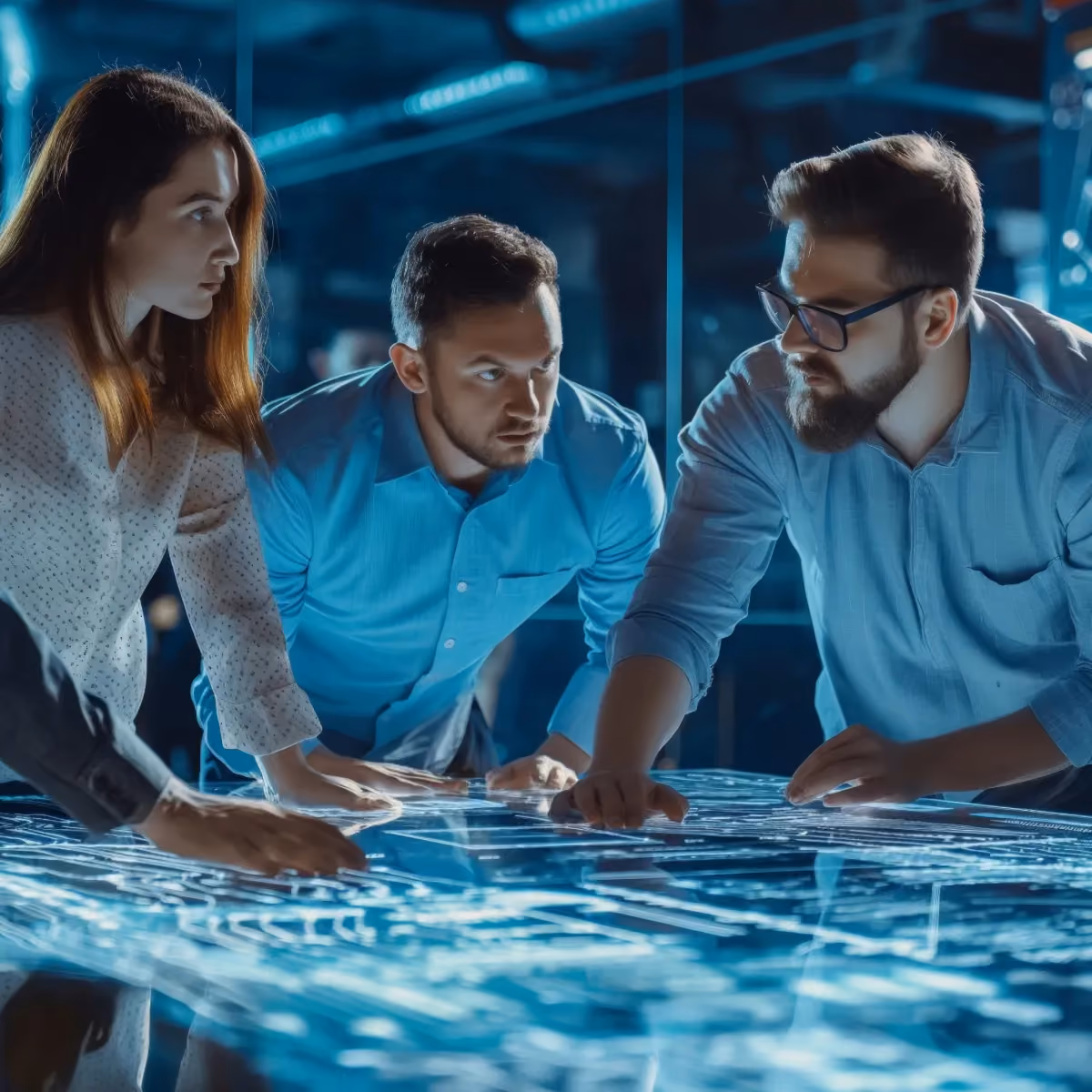 Engineering team collaborating around an illuminated technical drawing