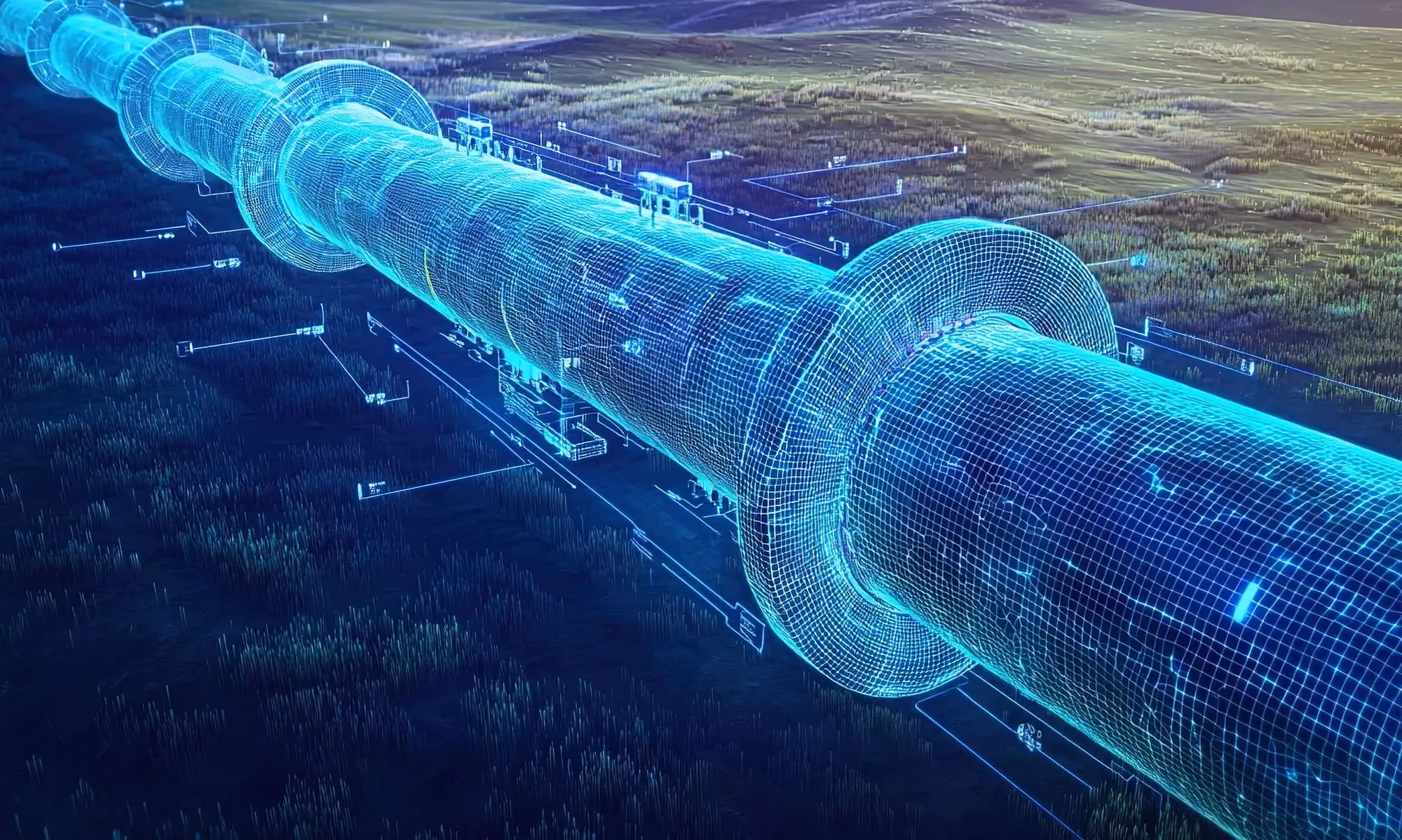 Digital twin wireframe visualisation of an industrial pipeline running across open ground