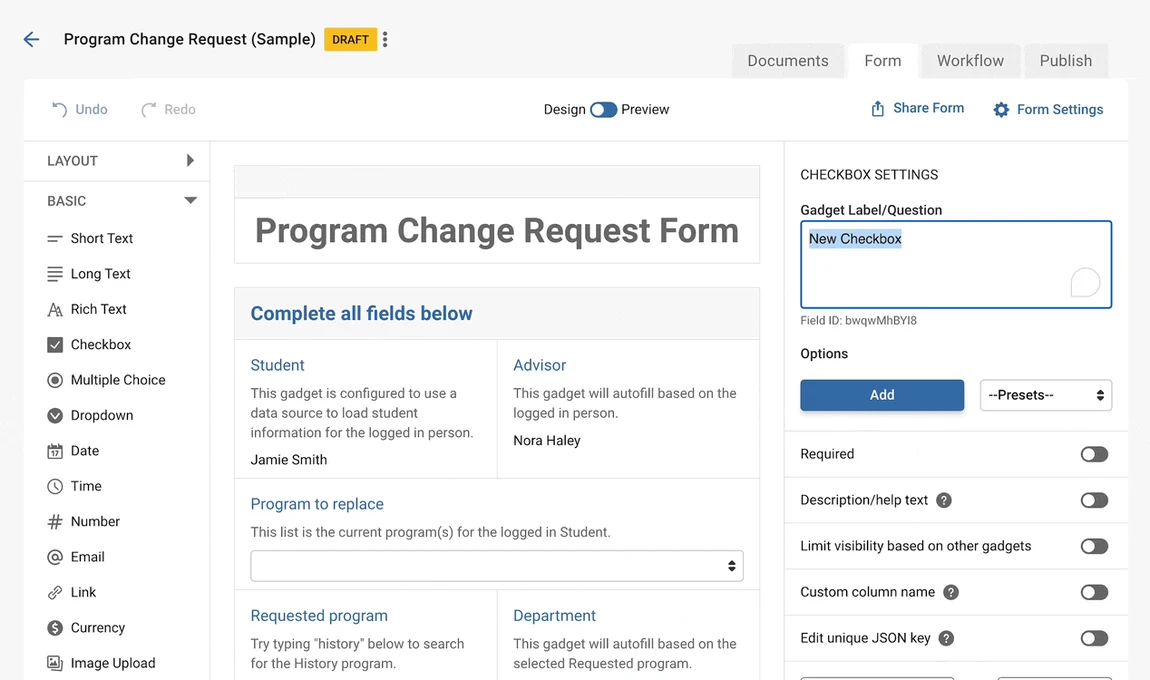 Kuali Build form designer showing a program change request form