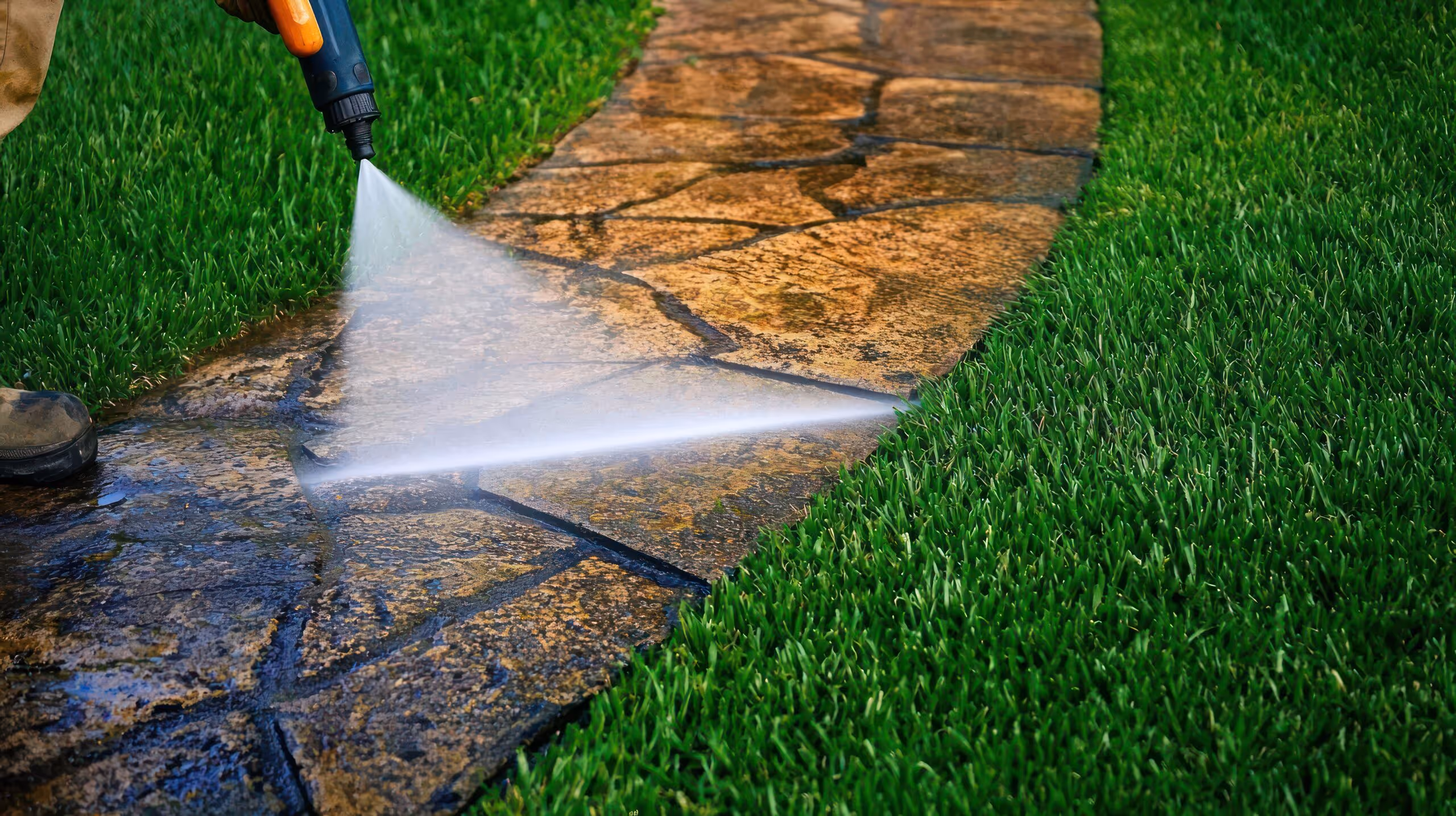 Power washing a walkway at a Southeast Idaho home