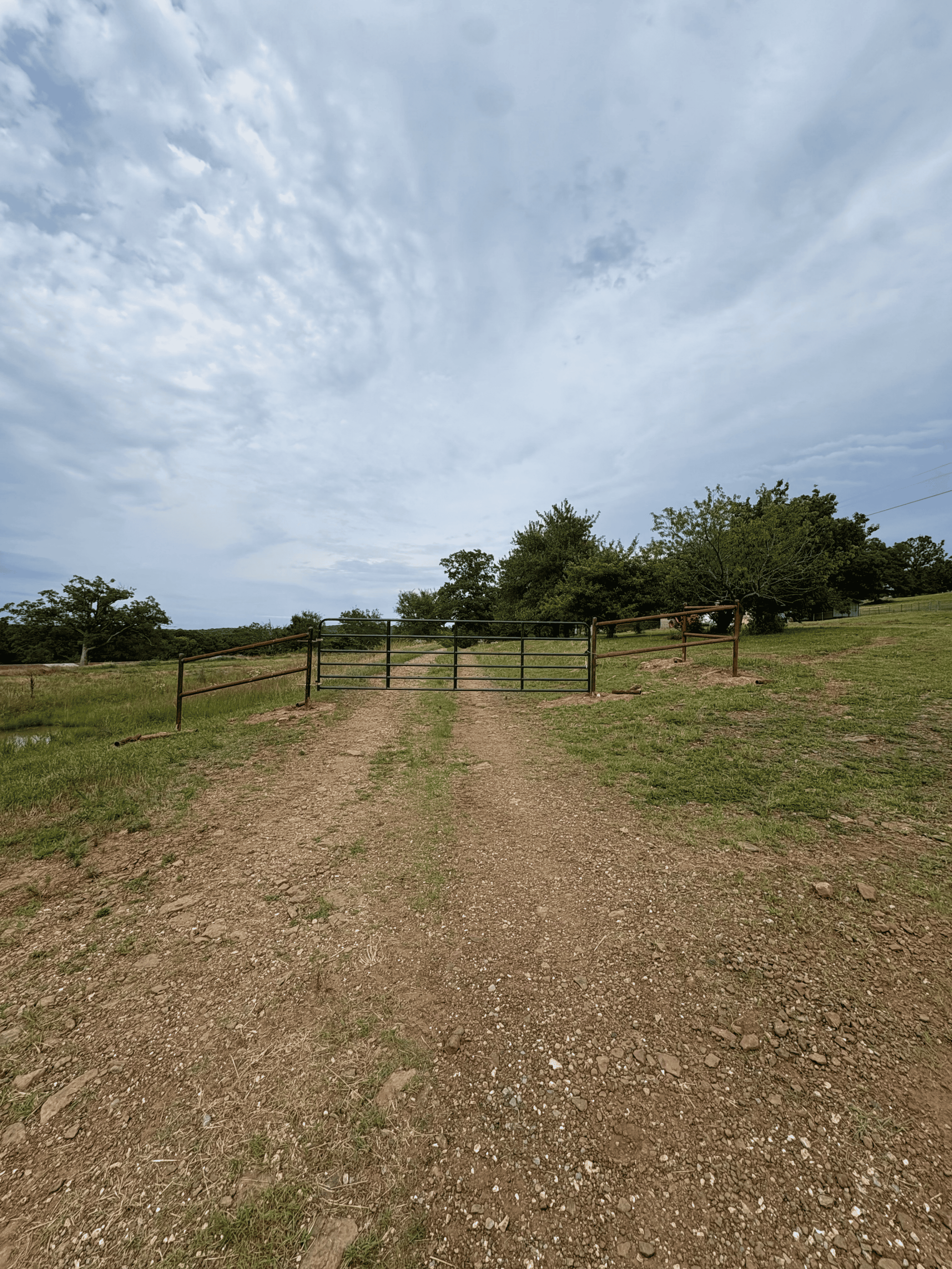 Dirt road leading to a closed metal gate with green grass and trees under a cloudy sky.
