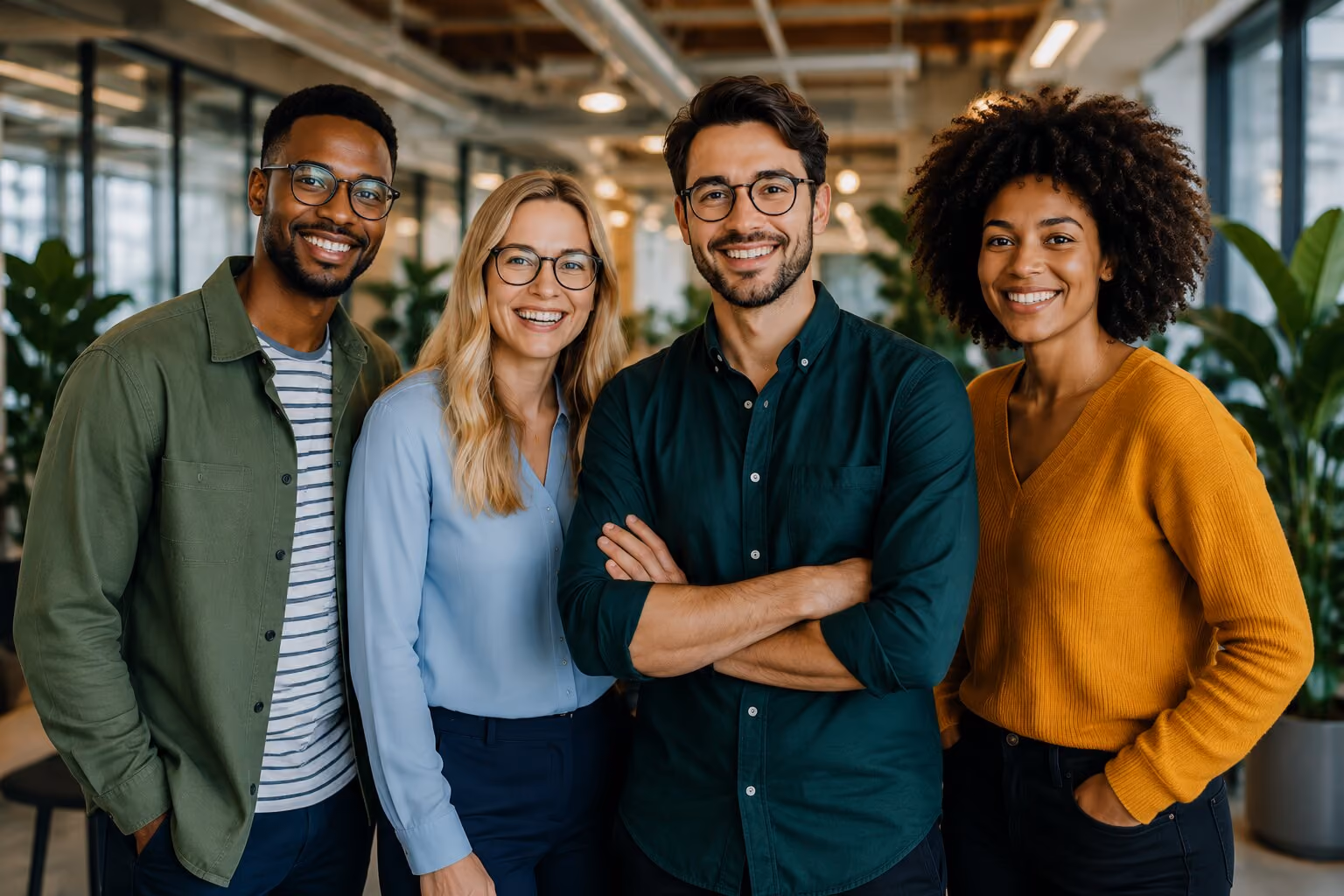 four company owners smiling to camera after buying shareholder protection 