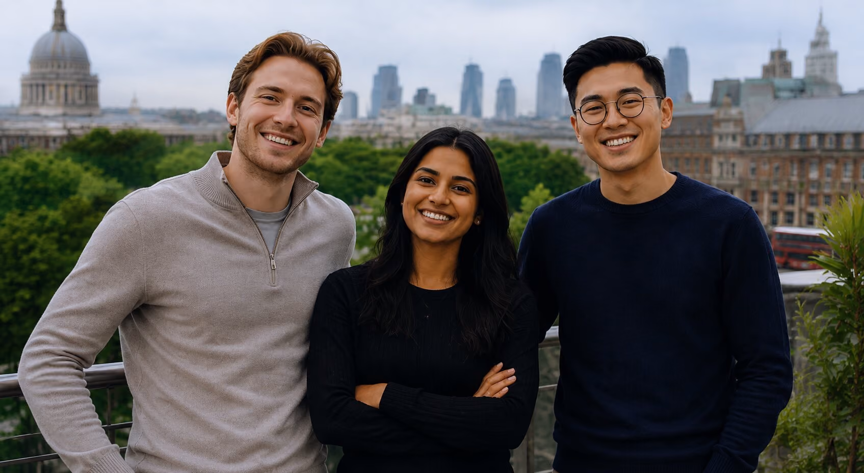 three directors smiling on balcony in central london