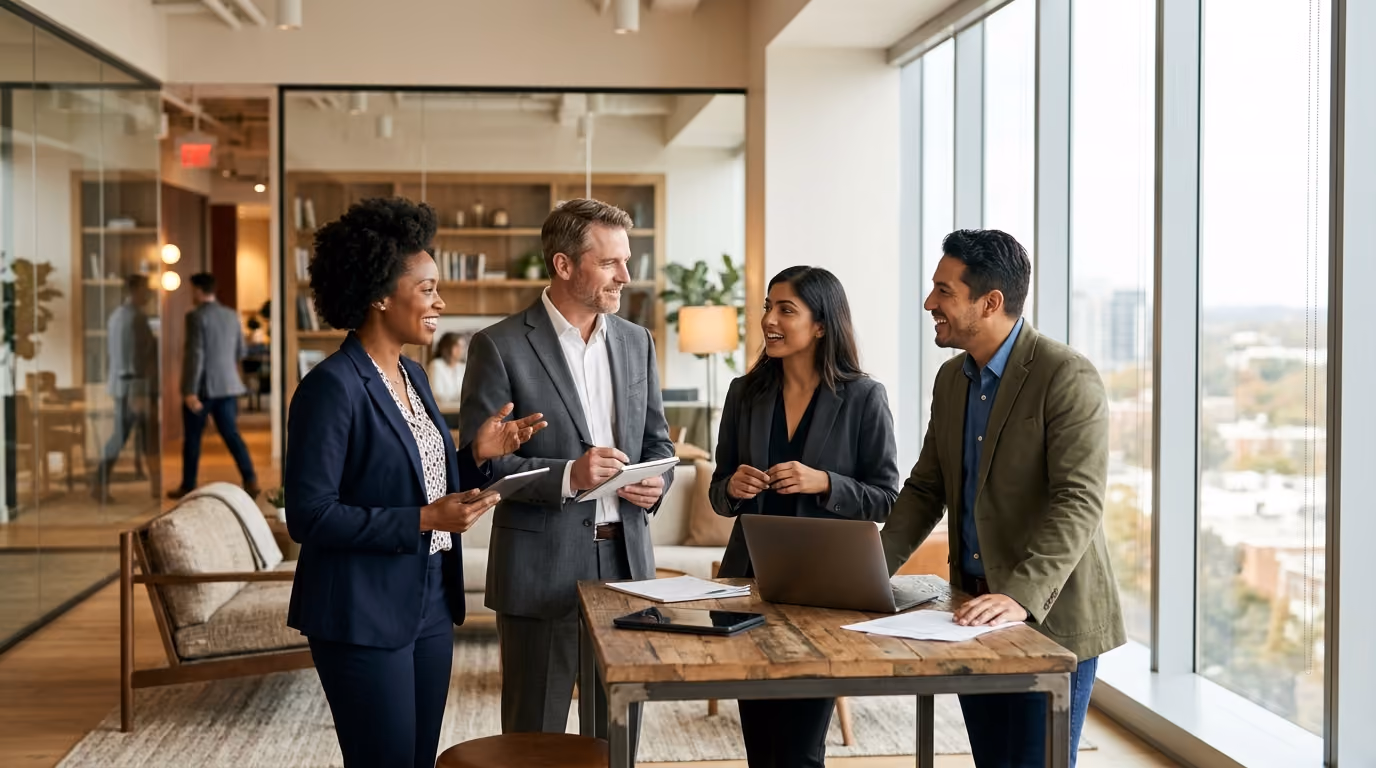 Business professionals collaborating in a bright modern office