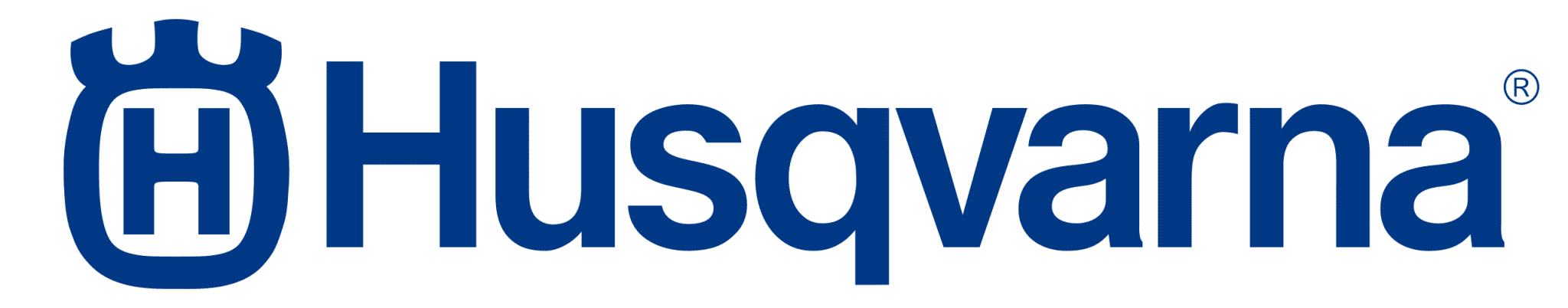 Husqvarna brand name with blue crown-shaped emblem and letter H logo.
