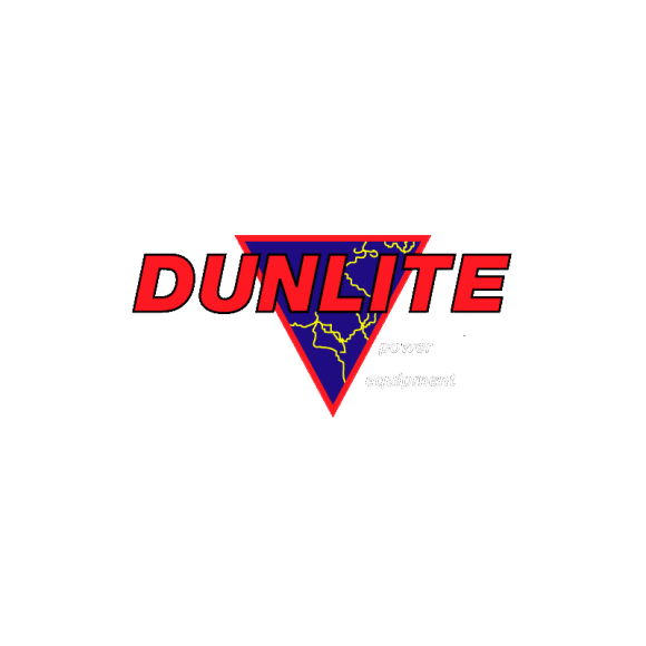 DUNLITE logo with red letters over a blue triangle with yellow lightning and text power equipment.