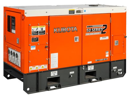 Orange Kubota SQ Series 2 diesel sound generator with black base and multiple access panels.