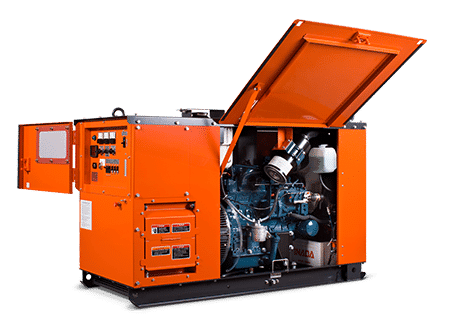 Orange industrial generator with its engine compartment open showing internal components.
