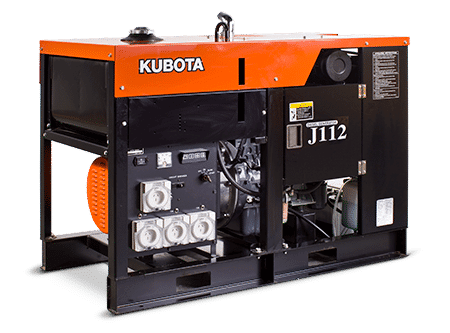 Kubota J112 generator with orange top and black base showing multiple power outlets.