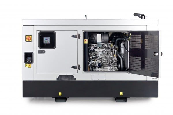 Industrial generator with an open panel showing the internal engine and control screen.