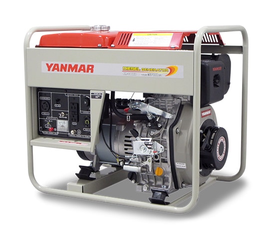 Yanmar diesel generator with control panel, engine, and protective frame in beige and red.