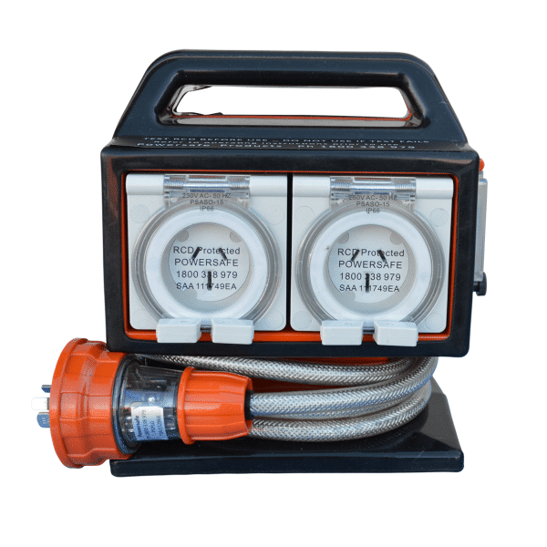 Portable black and orange power board with two protected outlets and a braided heavy-duty cable.