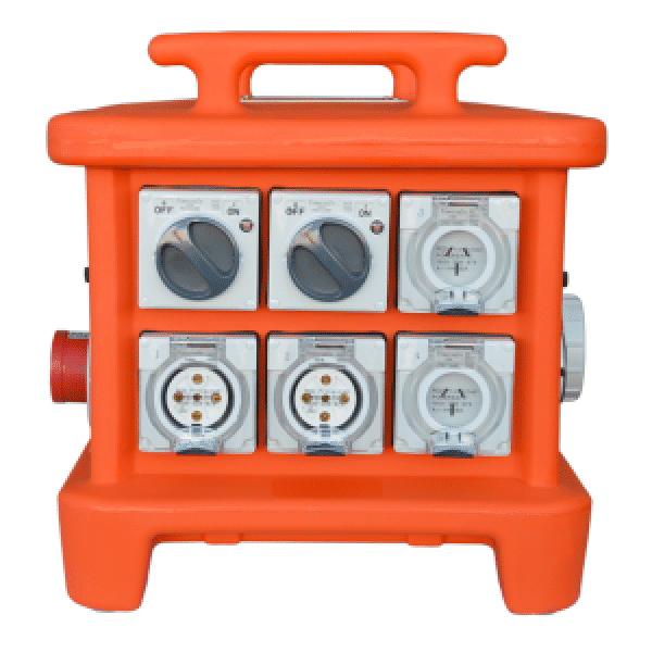 Orange three-phase power distribution board with switches and multiple power sockets