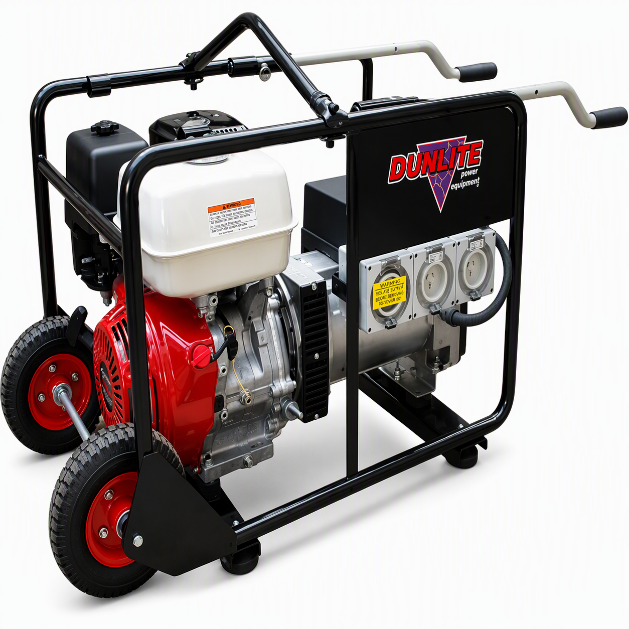 Portable Dunlite generator with two red wheels and three power outlets on a black frame.