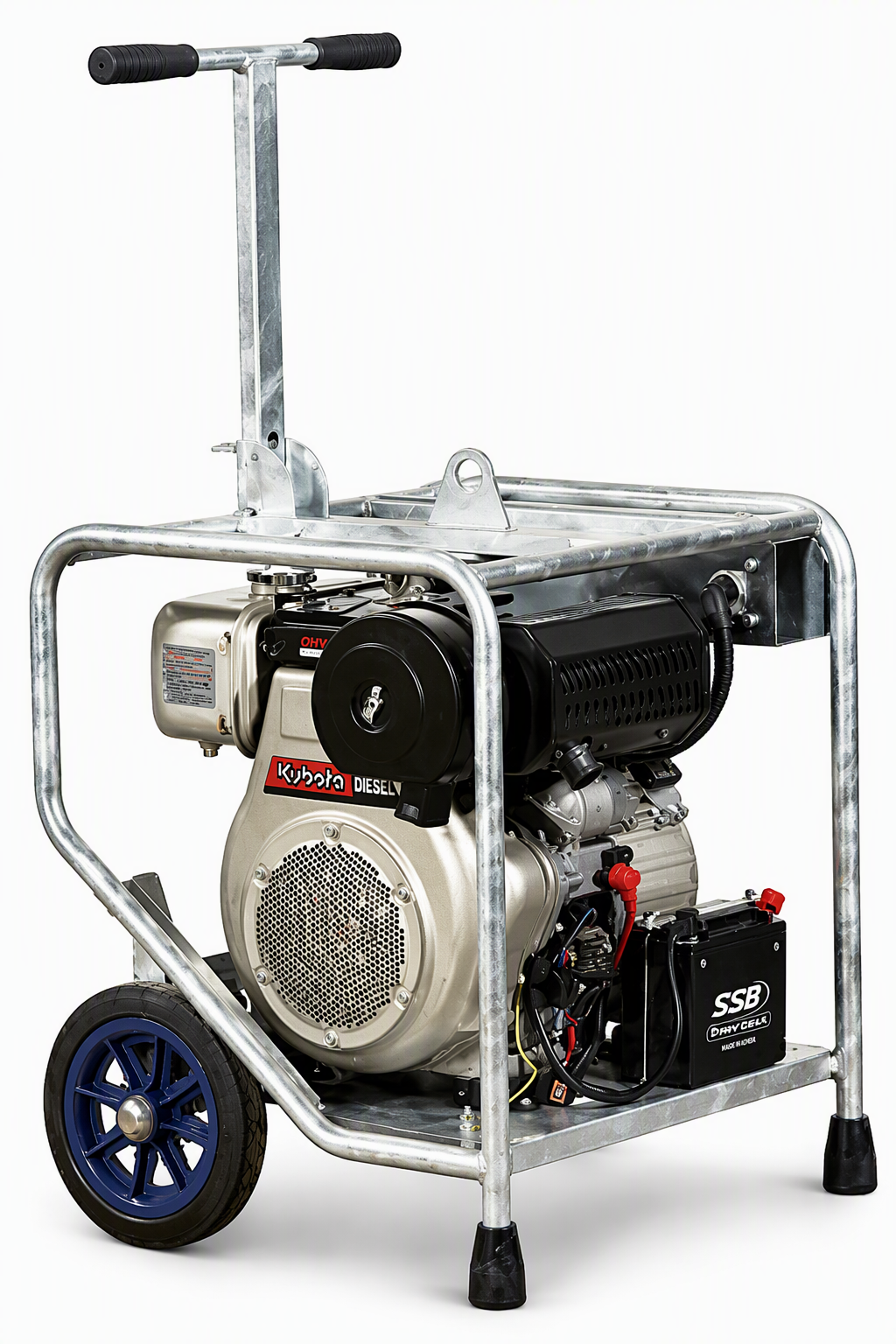 Portable Kubota KD5500 generator with metal frame, handle, and wheels for easy transport.