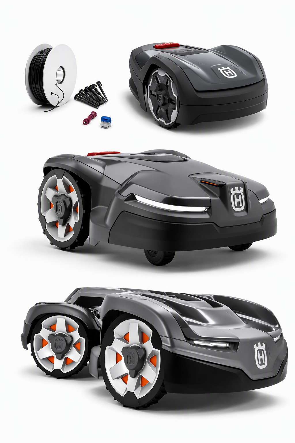 Three black Husqvarna Automower models and installation accessories on a white background.