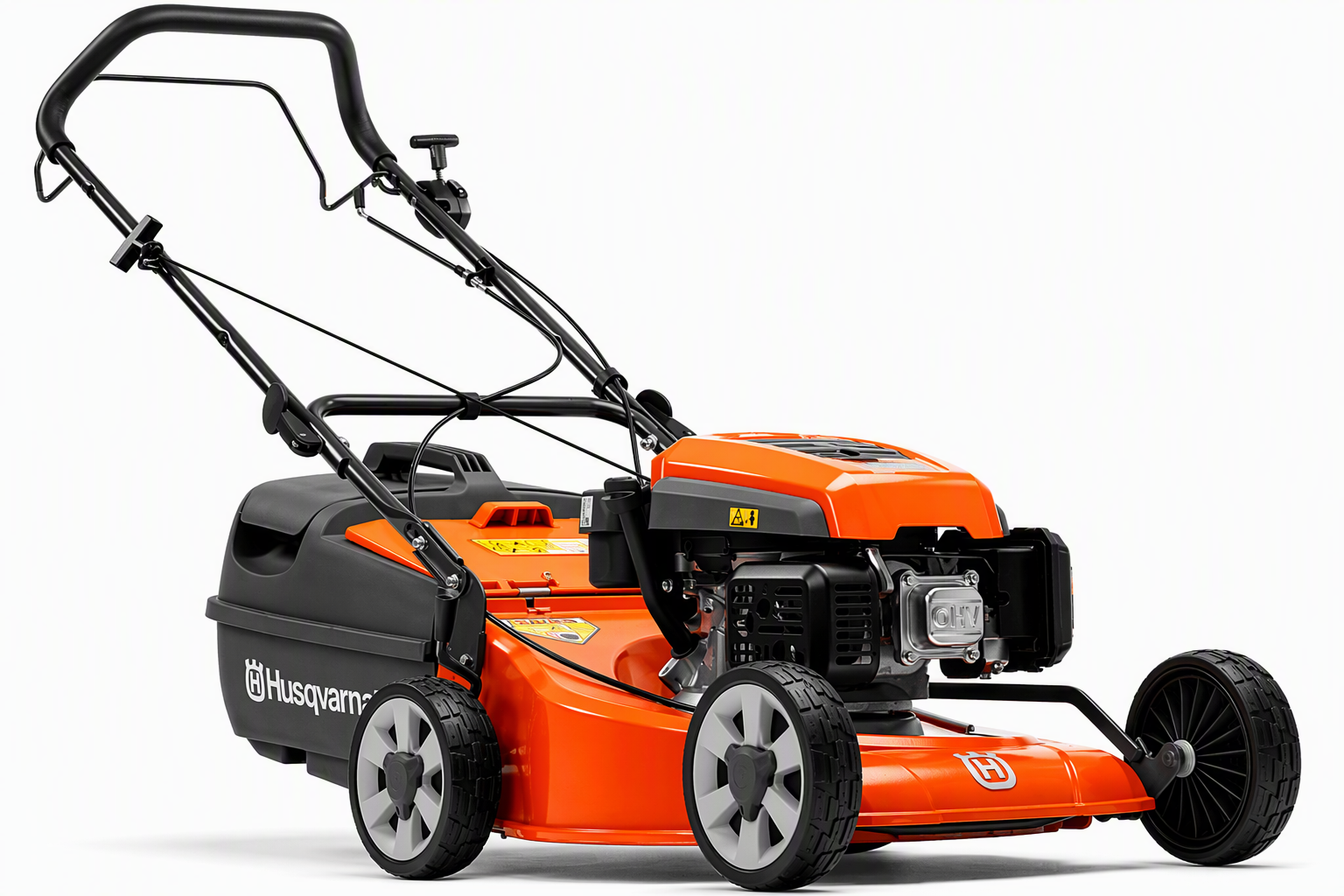 Orange and black Husqvarna petrol push lawn mower with large wheels and grass collection bag.