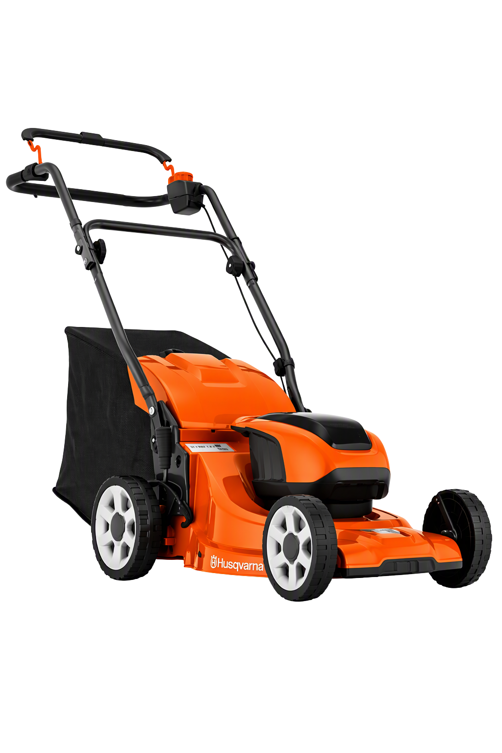 Orange and black Husqvarna electric push lawn mower with grass collection bag.