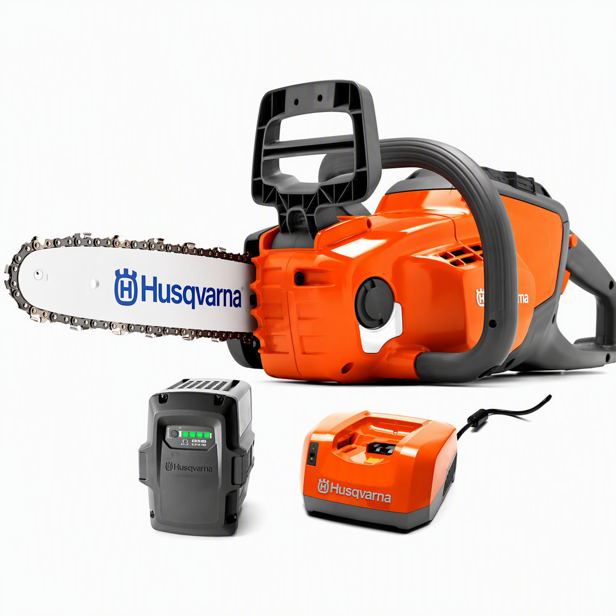 Orange Husqvarna electric chainsaw with battery and charger on white background.