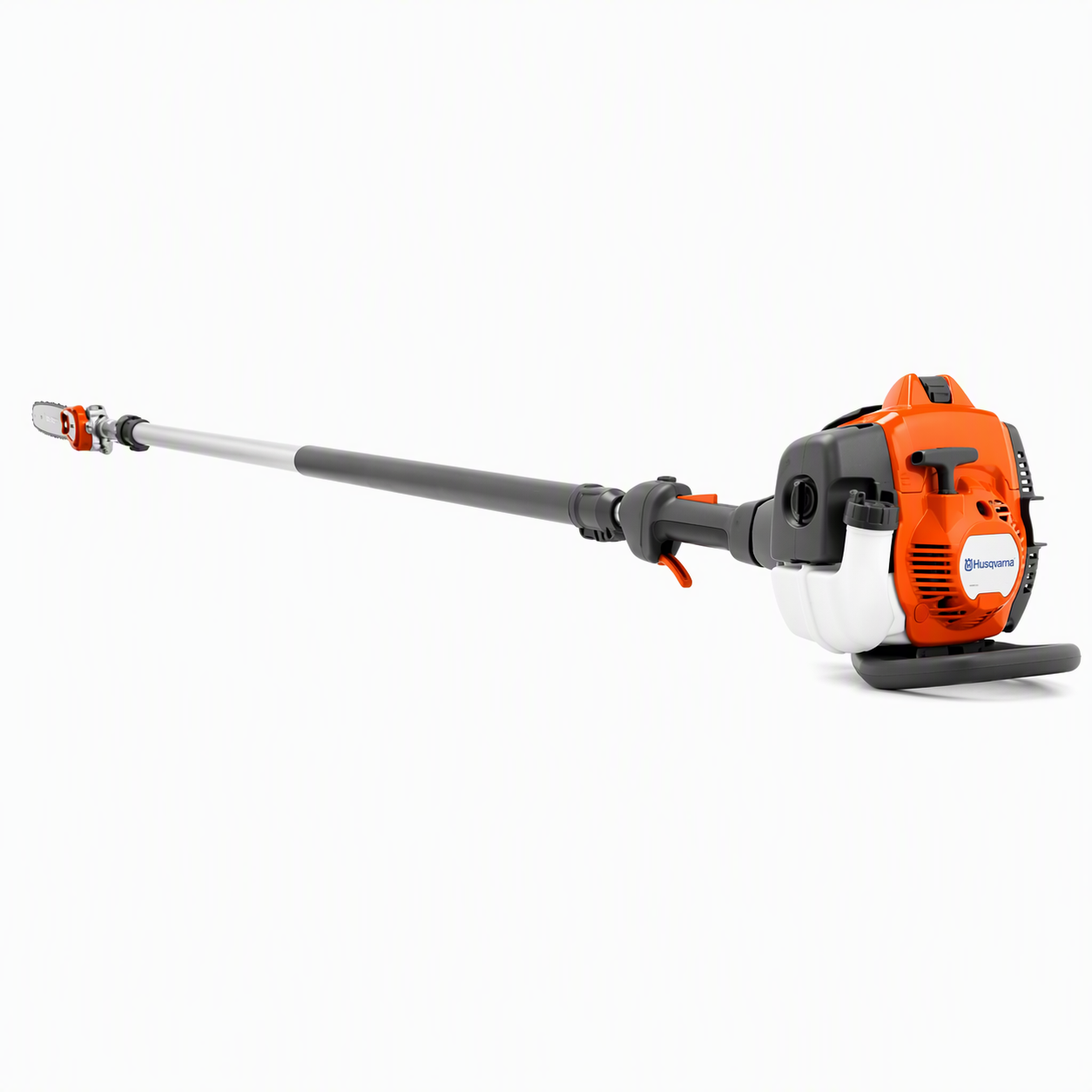 Husqvarna petrol-powered pole saw with a long shaft and chainsaw blade at the end.